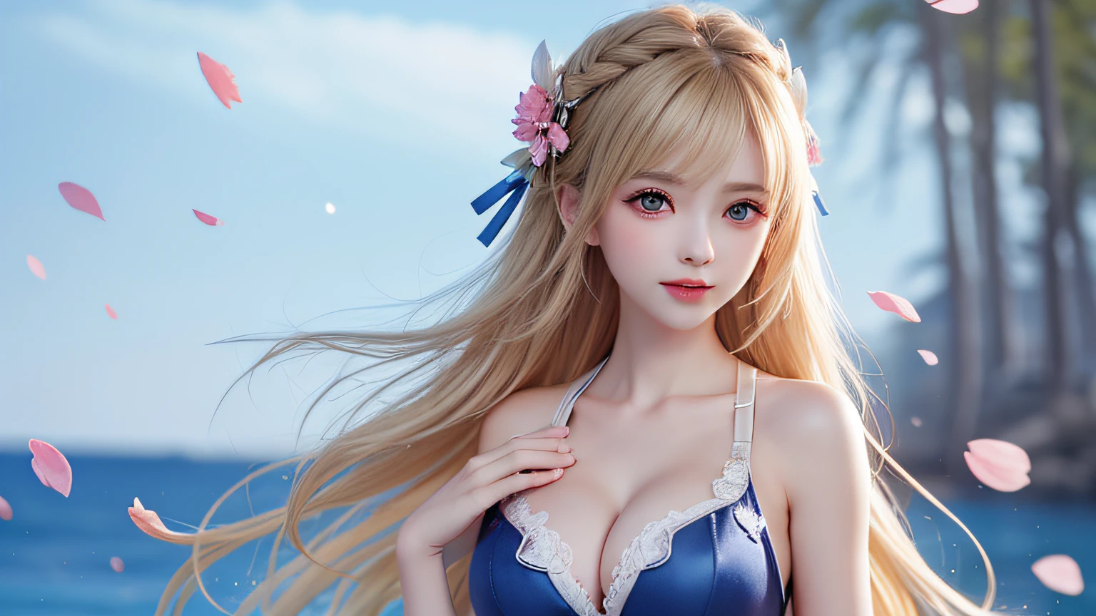 (8k, RAW photo: 1.2), top quality, ultra high resolution, (((cleavage coordination from head to chest)), dramatic angle, (pink petals flutter), (illustration), (1 girl))), (long hair), (transparent white sheer sleeveless dress, mini skirt)), beautiful face (blonde, blue eyes), (bright lipgloss, long eyelashes, smooth) face, Light skin, natural shadows, wide light, wide light, depth of field, strong colors, subtle caustics: 0.8), smile, (big), (rain: 0.9), behind the girl is Hanazono, (focus), ((standing on the surface of the water)), (color splash), colorful splash, ((colorful))), (sketch: 0.8), masterpiece, best quality, beautifully painted, highly detailed, (denoise: 0.6), [Splash Ink], (Ink Refraction)), (Beautiful Detailed Sky), Highly Detailed, (Masterpiece, Best Quality, Highly Detailed) CG Unity 8k Wallpaper, Masterpiece, Best Quality, Ultra Detail), (Lycoris radiata)