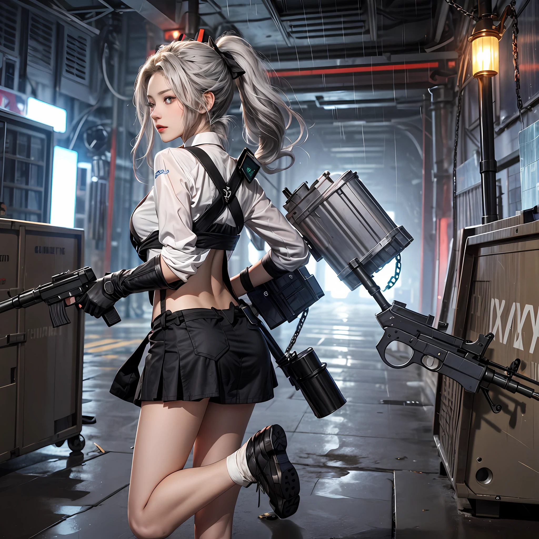 Girl, dwarf, big head, (gray hair), red headdress, (double ponytail), blue bow headdress, gray pupils, white shirt with open collar, black reactive armor skirt, full body covered with sci-fi style mechanical power exoskeleton skeleton, back ammunition box, chain connected machine gun, double hand-held 6-barreled revolver machine gun, suspended in mid-air, legs slightly bent, war rags, bullets rain