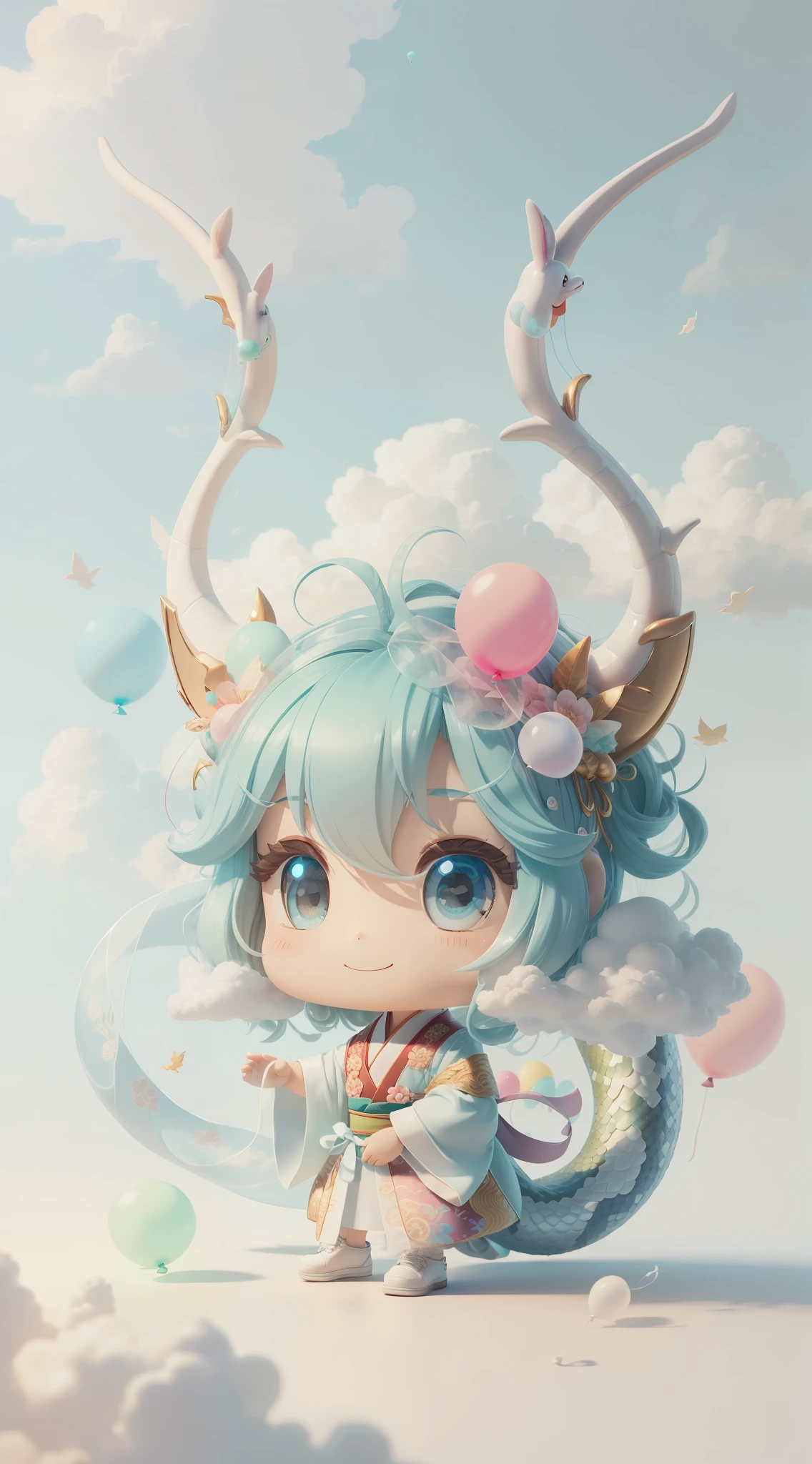 Snake, big ears, happy smile, (wearing Hanfu) dragon head, antlers, soft ((best quality)), ((masterpiece)), (hair accessory)( extreme detail, highest detail, official art, beauty and aesthetics:1.2), depth of field, composition ( (full body) ), (chibi), (beautiful and detailed eyes: 1.3), (very happy:1) (light mint green and gradient white), popmart blind box, clay texture, (transparent balloon, cloud decorative background), natural light, best quality, Super Detail, 3D Art, C4D, Blender, OC Renderer, 3D Rendering, 8K --auto --s2