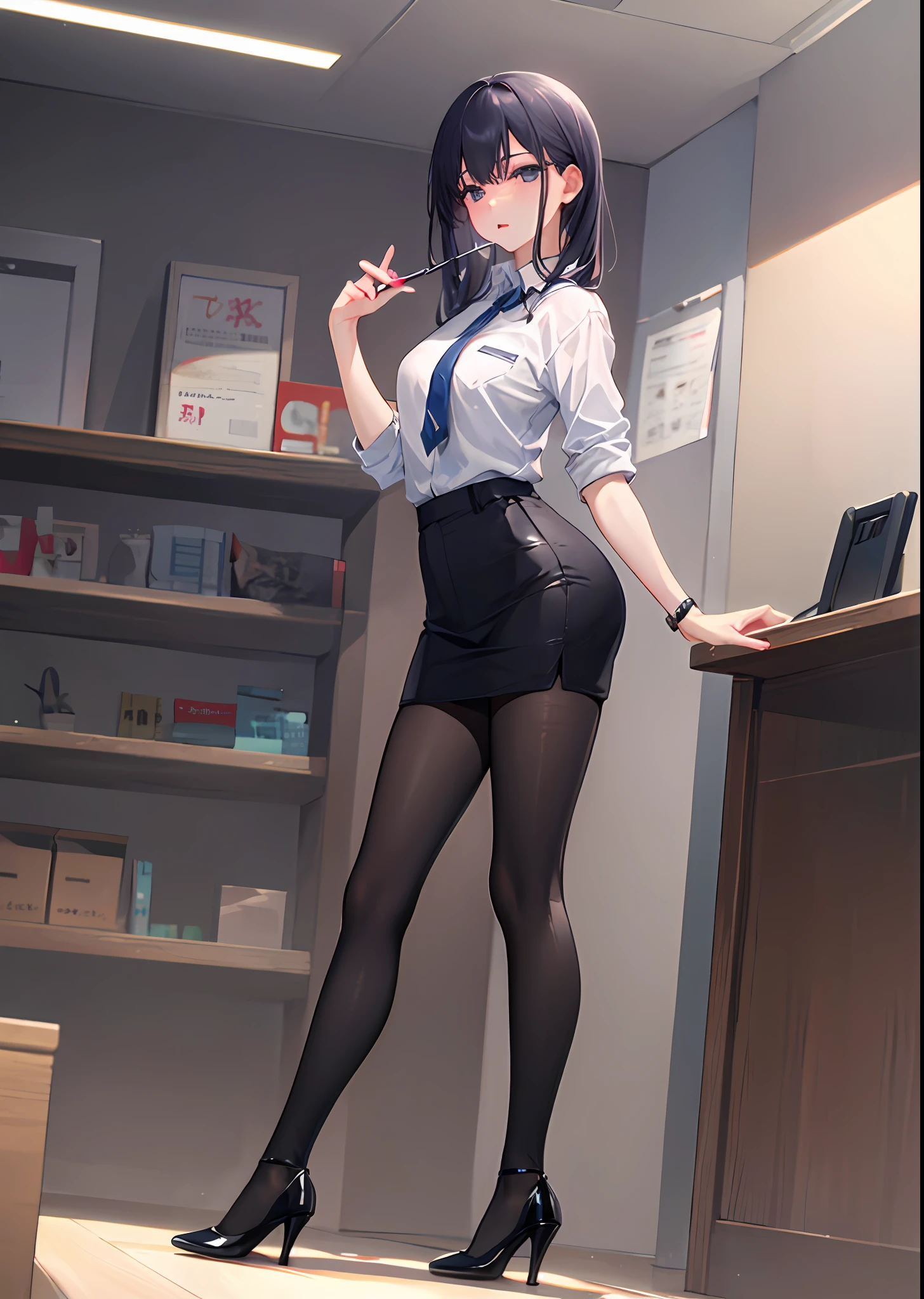 穿着超短裙和接缝丝袜的美丽性感秘书全身照片，stands_straight, ((solo)), adult, in the office, high heels, craves, strokes_herself