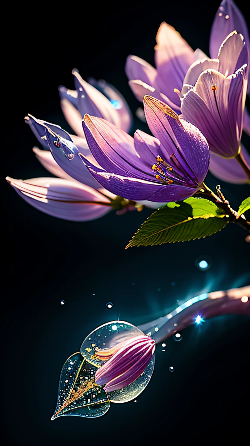 branch of delicate lilac flowers, super transparent, holy light, beautiful spectral light, petals glow, flashing, dark background, drops of transparent light, reflective light, bright, light streaming in, optics, portrait profile, sharp focus, magical, intricate, ultra realistic, fantasy, composition, light, trend on artstation, pearl, patronus cloud of silvery vapor, corrosive enveloping ray family, 8k, ureal ar 23v4 uplight