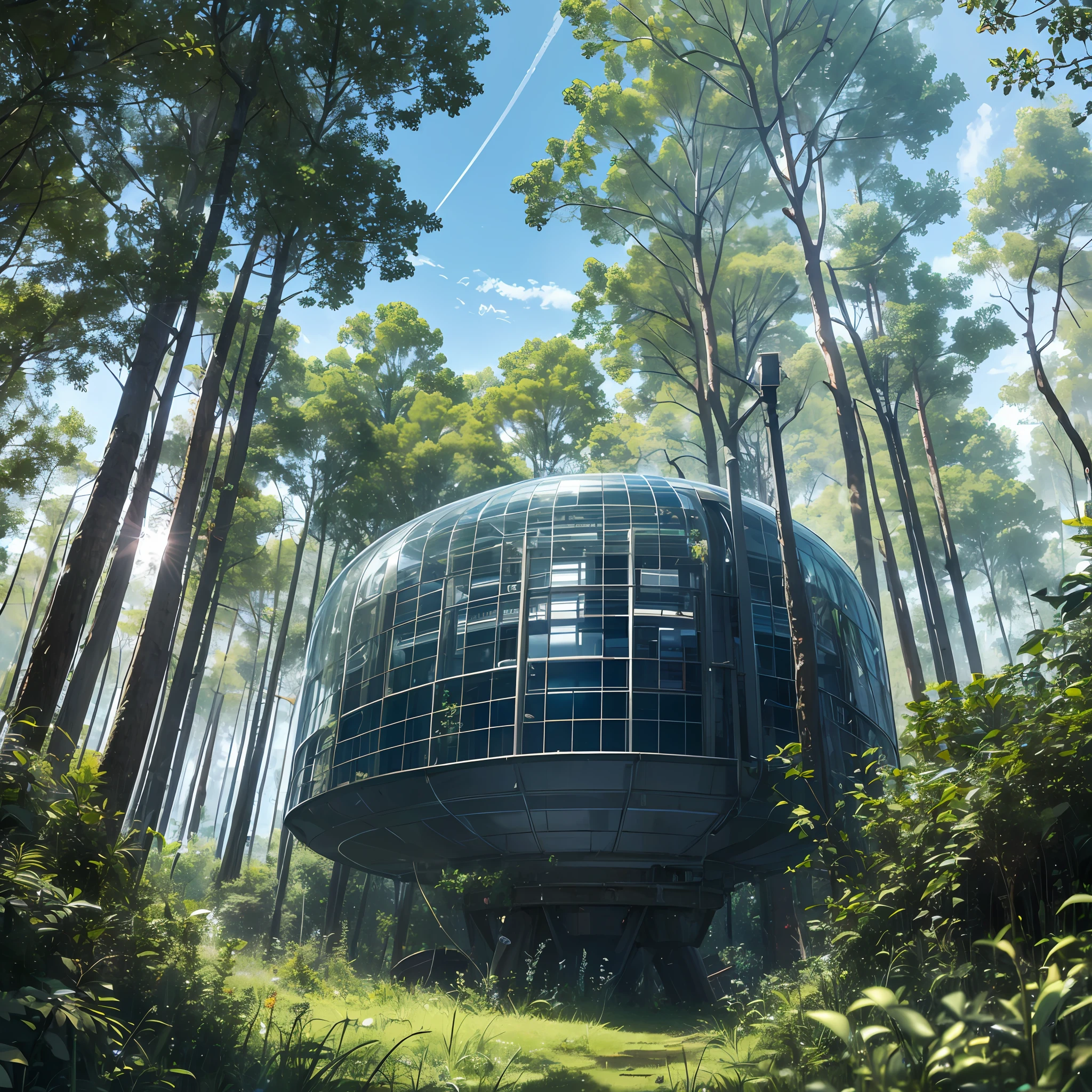 (Advance, high-tech,) sci-fi, (comfortable) horizonal capsule, small capsule, view from below, looking upward, transparent window, blue sky, (trees covering view of the sky) humid, after rain, wet, dark forest, mist