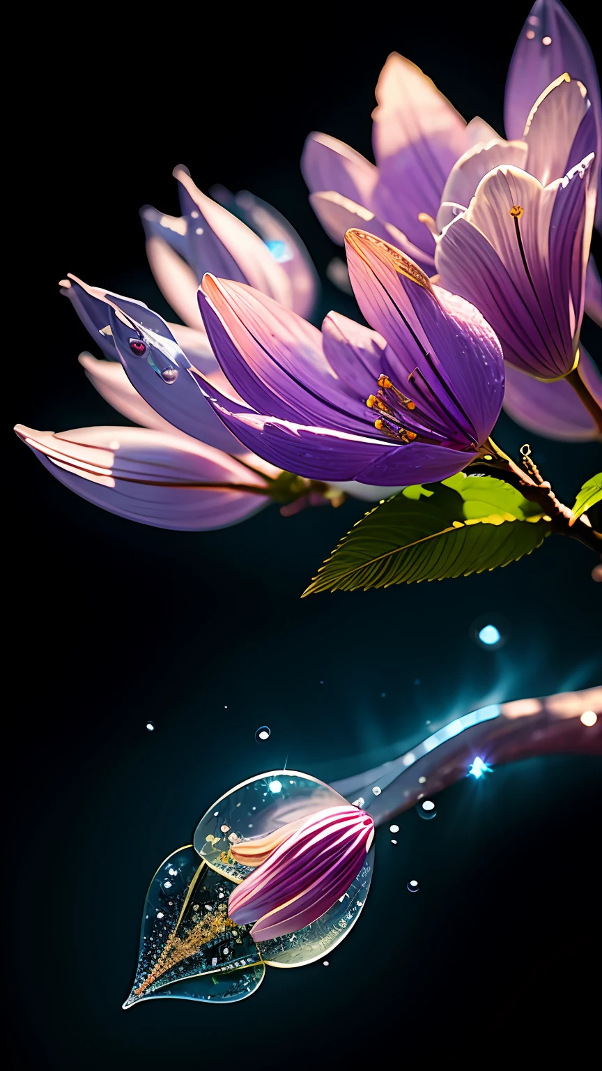 branch of delicate lilac flowers, super transparent, holy light, beautiful spectral light, petals glow, flashing, dark background, drops of transparent light, reflective light, bright, light streaming in, optics, portrait profile, sharp focus, magical, intricate, ultra realistic, fantasy, composition, light, trend on artstation, pearl, patronus cloud of silvery vapor, corrosive enveloping ray family, 8k, ureal ar 23v4 uplight