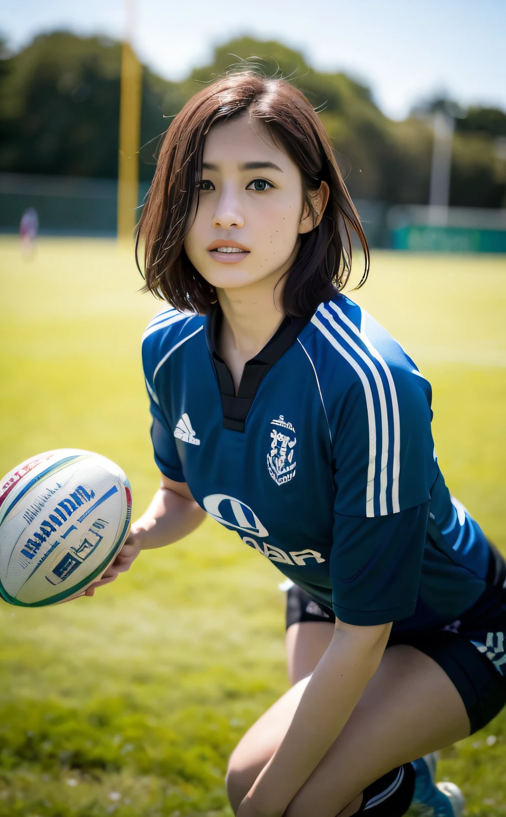 Hasselblad Camera, RAW Photography, (Real: 1.3), (Beautiful and Attractive: 1.4), Short Hair, (Details: 1.2), 8k Ultra HD, (Rugby: 1.4), Beautiful Japan Women,