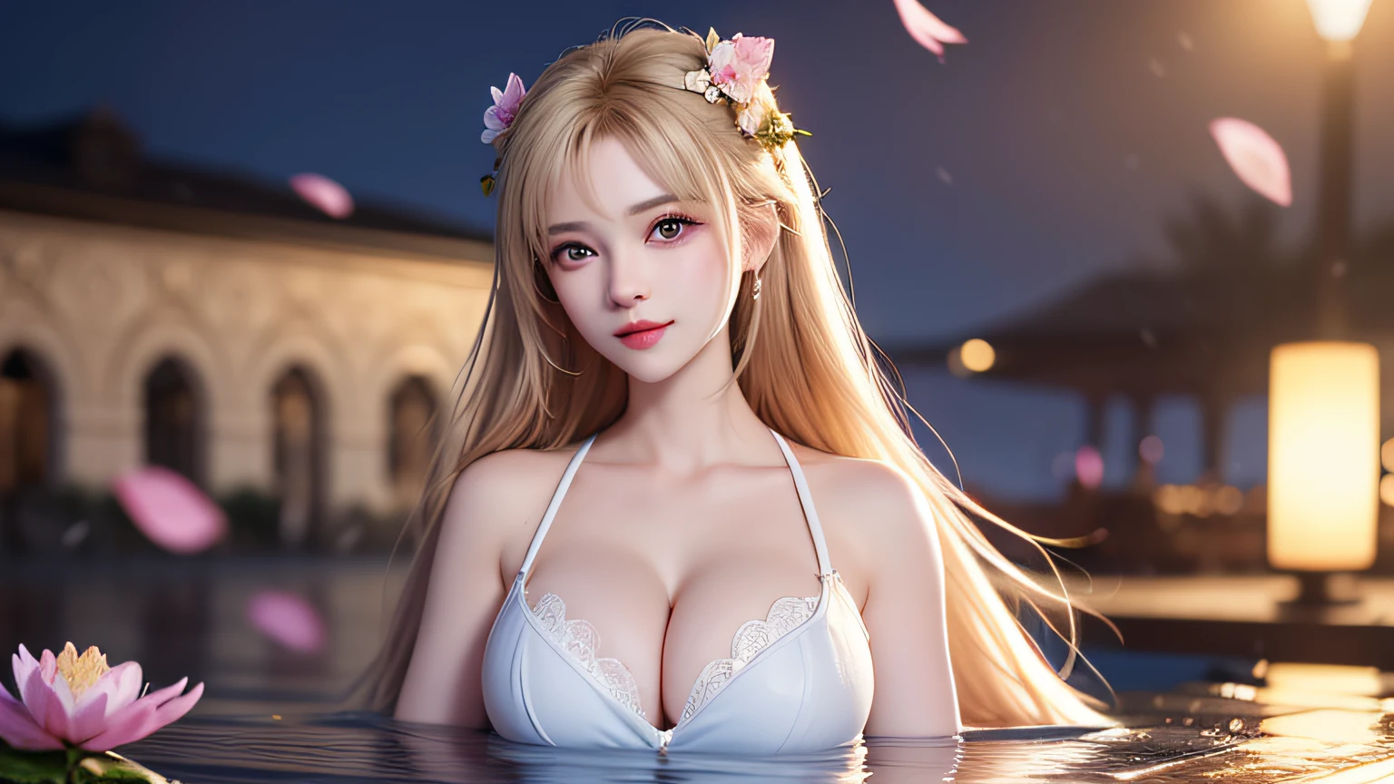 (8k, RAW photo: 1.2), top quality, ultra high resolution, (((cleavage coordination from head to chest)), dramatic angle, (pink petals flutter), (illustration), (1 girl))), (long hair), (transparent white sheer sleeveless dress, mini skirt)), beautiful face (blonde, blue eyes), (bright lipgloss, long eyelashes, smooth) face, Light skin, natural shadows, wide light, wide light, depth of field, strong colors, subtle caustics: 0.8), smile, (big), (rain: 0.9), behind the girl is Hanazono, (focus), ((standing on the surface of the water)), (color splash), colorful splash, ((colorful))), (sketch: 0.8), masterpiece, best quality, beautifully painted, highly detailed, (denoise: 0.6), [Splash Ink], (Ink Refraction)), (Beautiful Detailed Sky), Highly Detailed, (Masterpiece, Best Quality, Highly Detailed) CG Unity 8k Wallpaper, Masterpiece, Best Quality, Ultra Detail), (Lycoris radiata)