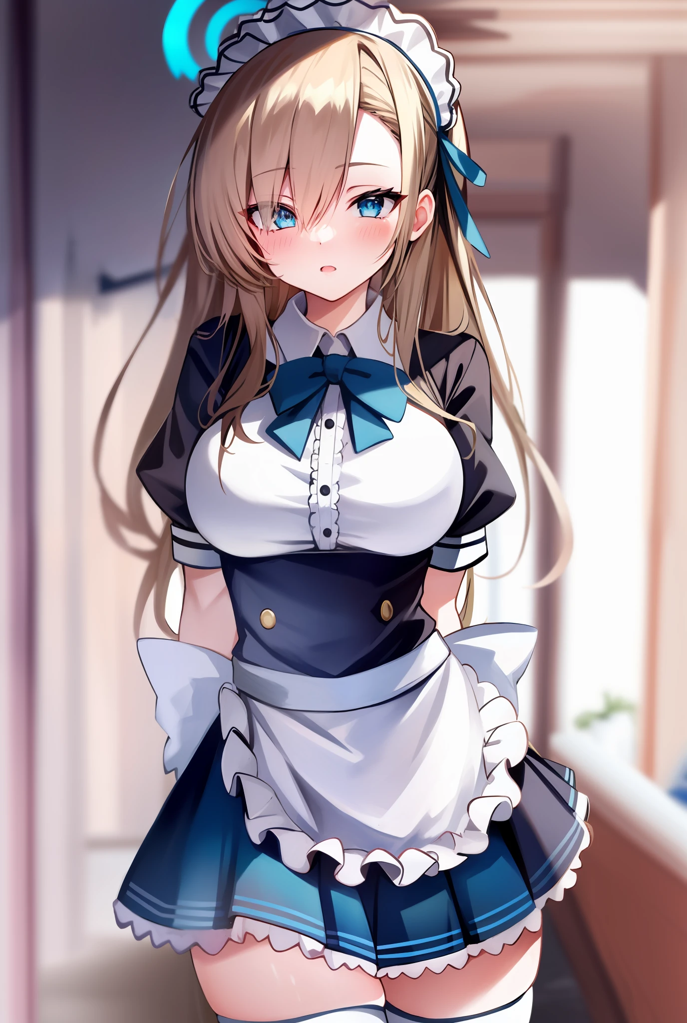 (highres), (absurdres), (best quality), (high quality), (masterpiece), 1girl, asuna, blue eyes, long hair, halo, hair over one eye, very long hair, light brown hair, (large breasts), hair ribbon, maid, maid headdress, apron, frills, frilled apron, puffy sleeves, short sleeves, white gloves, white thighhighs, arms behind back, looking at viewer,