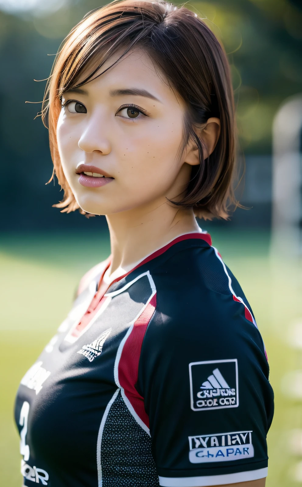 Hasselblad Camera, RAW Photography, (Real: 1.3), (Beautiful and Attractive: 1.4), Short Hair, (Details: 1.2), 8k Ultra HD, (Rugby: 1.2), Beautiful Japan Women