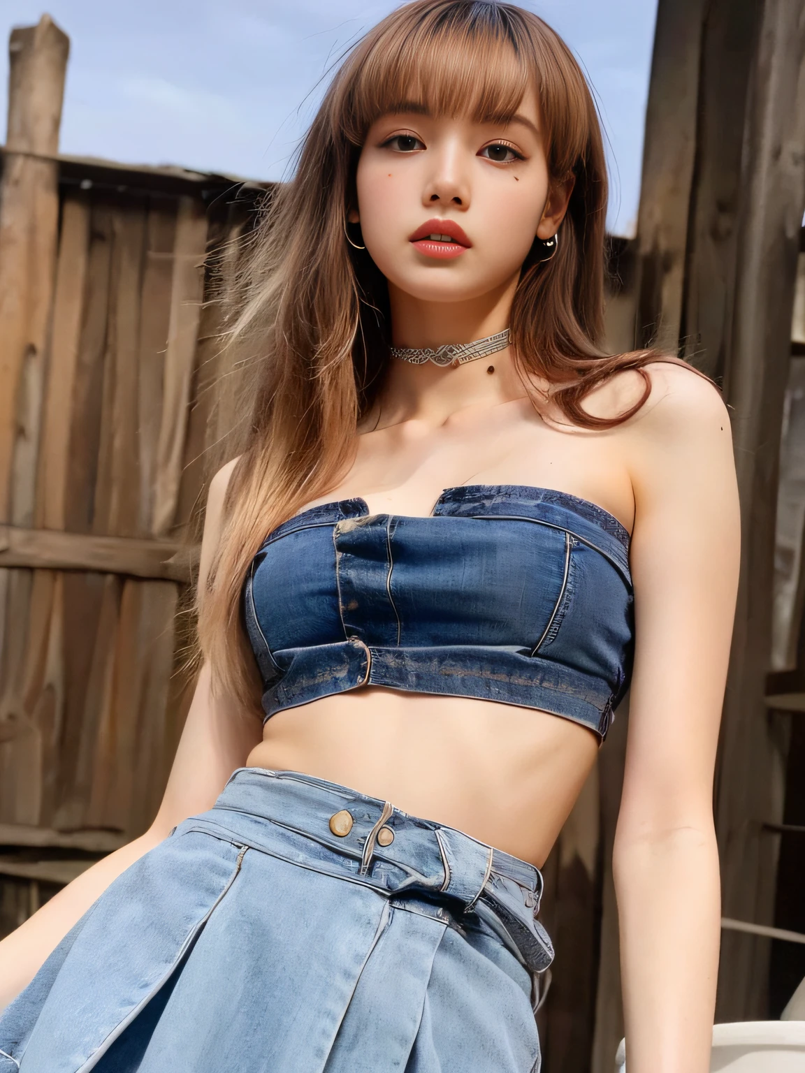 (Best Quality, 16k, Masterpiece: 1.3), Pretty Woman, Spice Girl Outfit, Bandeau, Open Waist, Sexy, Irregular Pleated Skirt, Long Long Legs, Ultra-Detail Face, Detail Lips, Detail Eyes, Double Eyelids, HD