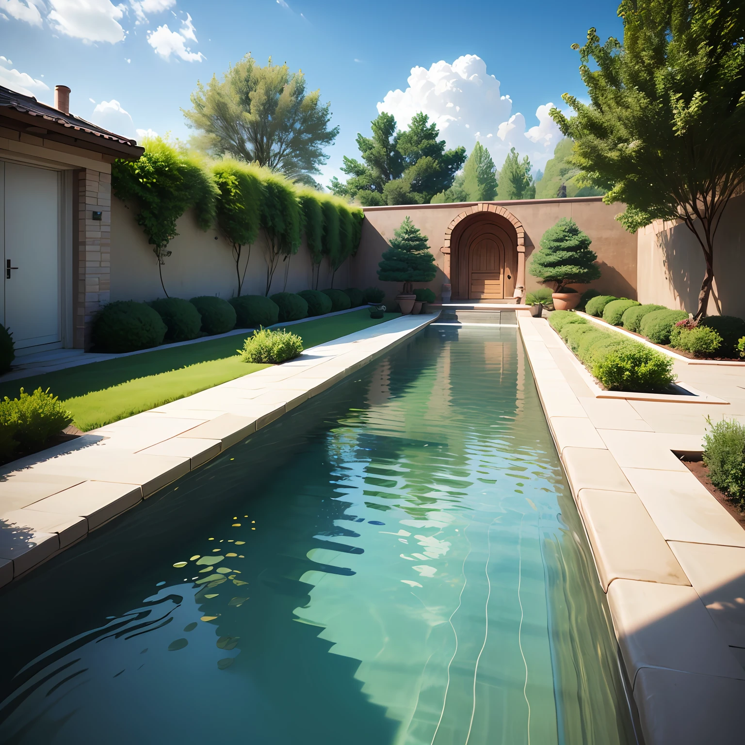 Landscape design, 10 meters× 3 meters, curved, with water features