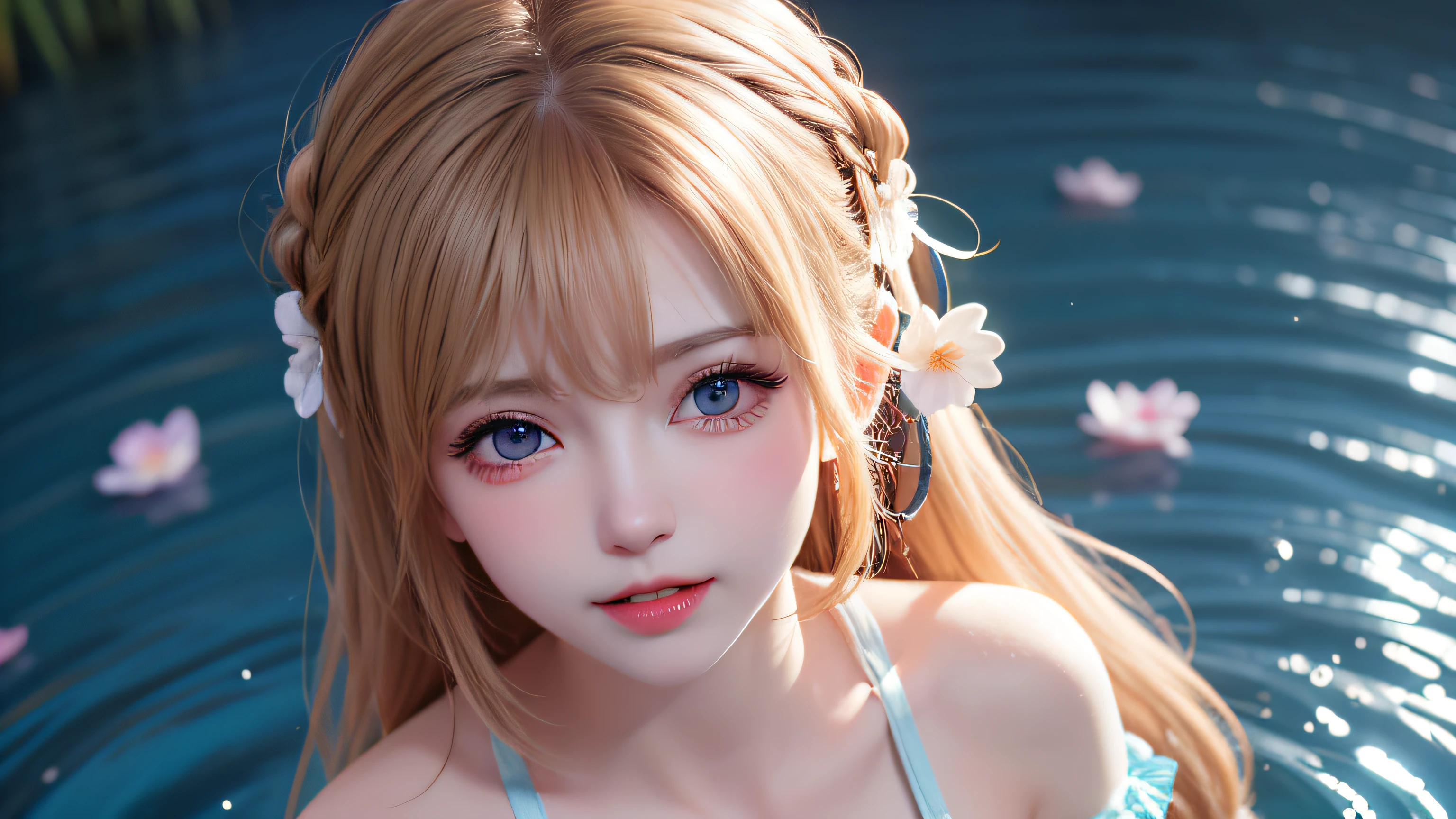 (8k, RAW photos: 1.2), top quality, ultra high resolution, (from head to above knee), dramatic angles, (colorful petals fluttering), (illustration), (1 girl)))), (long hair), (transparent white sheer sleeveless dress, mini skirt)), beautiful face (blonde, blue eyes), (bright lip gloss, long eyelashes, smooth) face, bright skinStrong colors, Subtle caustics: 0.8), Smile, (Big), (Rain: 0.9), Hanazono behind the girl, (Focus), ((Standing on the surface of the water)), (Color splash), Colorful splash, (Colorful))), (Sketch: 0.8), Masterpiece, Best Quality, Beautifully painted, Highly Detailed, (Denoise: 0.6), [Splash Ink], (Ink Refraction)), (Beautiful Detailed Sky), Highly Detailed, (Masterpiece, Best Quality, Highly Detailed) CG Unity 8k Wallpaper, Masterpiece, Best Quality, Ultra Detail), (Lycoris radiata)