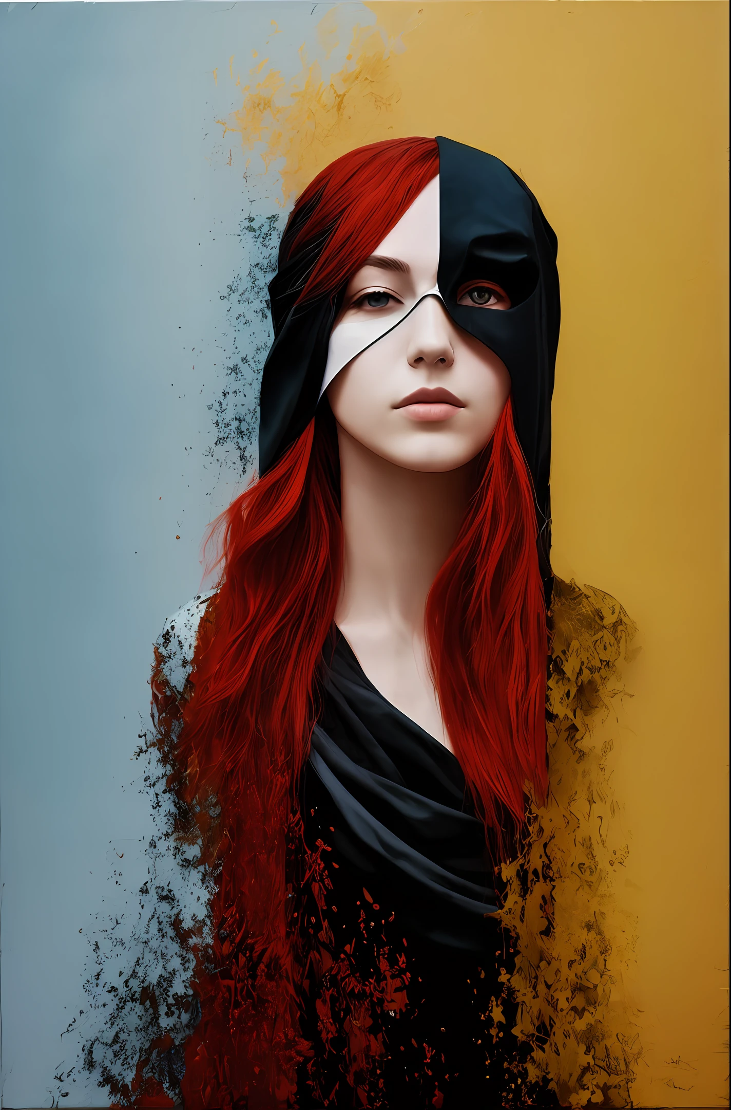 Vertical painting, red-haired woman with black mask, ultra-ralist, raw photo, high quality, golden dress.