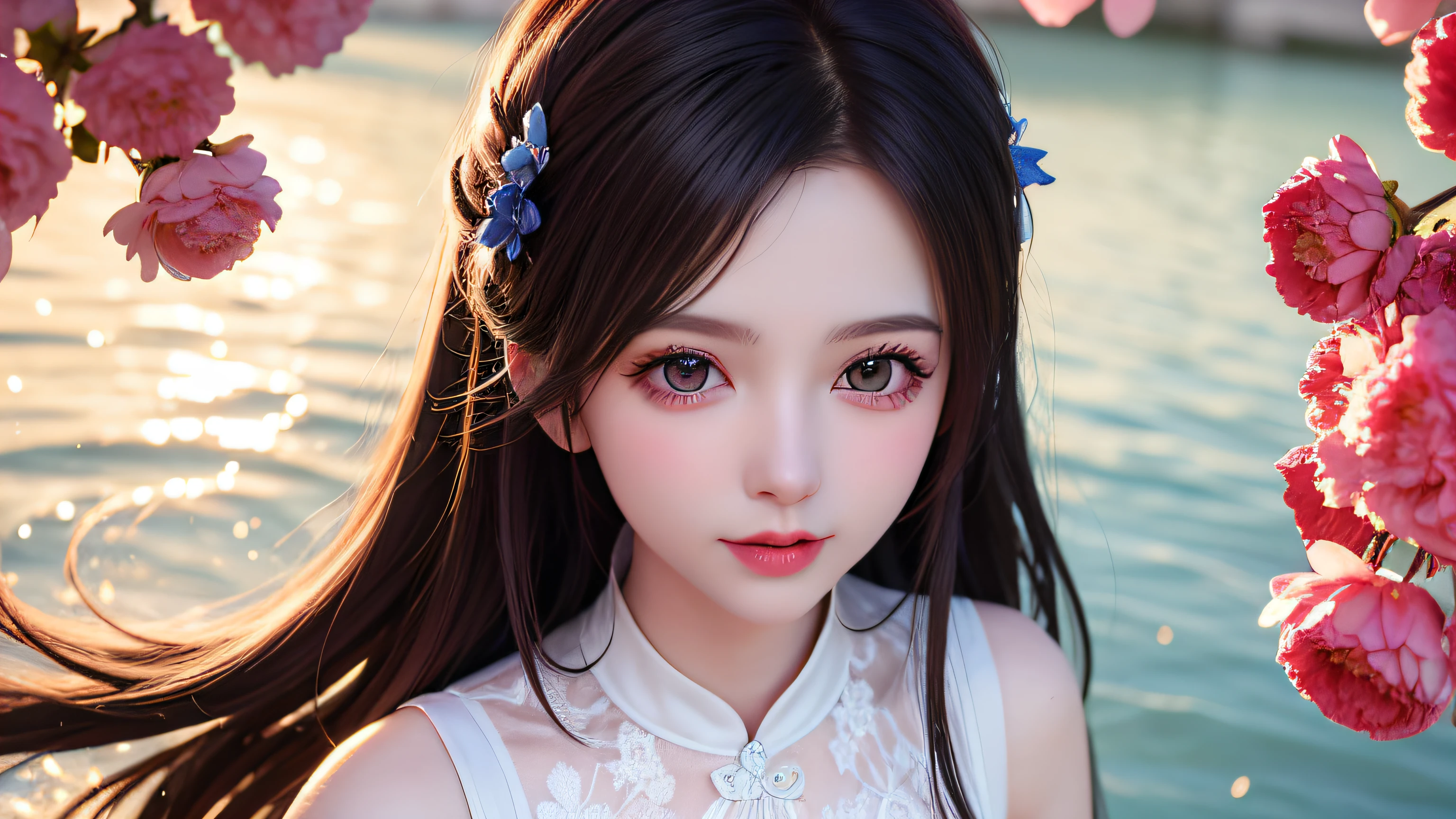 (8k, RAW photos: 1.2), top quality, ultra high resolution, (from head to above knee), dramatic angles, (colorful petals fluttering), (illustration), (1 girl)))), (long hair), (transparent white sheer sleeveless dress, mini skirt)), beautiful face (blonde, blue eyes), (bright lip gloss, long eyelashes, smooth) face, bright skinStrong colors, Subtle caustics: 0.8), Smile, (Big), (Rain: 0.9), Hanazono behind the girl, (Focus), ((Standing on the surface of the water)), (Color splash), Colorful splash, (Colorful))), (Sketch: 0.8), Masterpiece, Best Quality, Beautifully painted, Highly Detailed, (Denoise: 0.6), [Splash Ink], (Ink Refraction)), (Beautiful Detailed Sky), Highly Detailed, (Masterpiece, Best Quality, Highly Detailed) CG Unity 8k Wallpaper, Masterpiece, Best Quality, Ultra Detail), (Lycoris radiata)