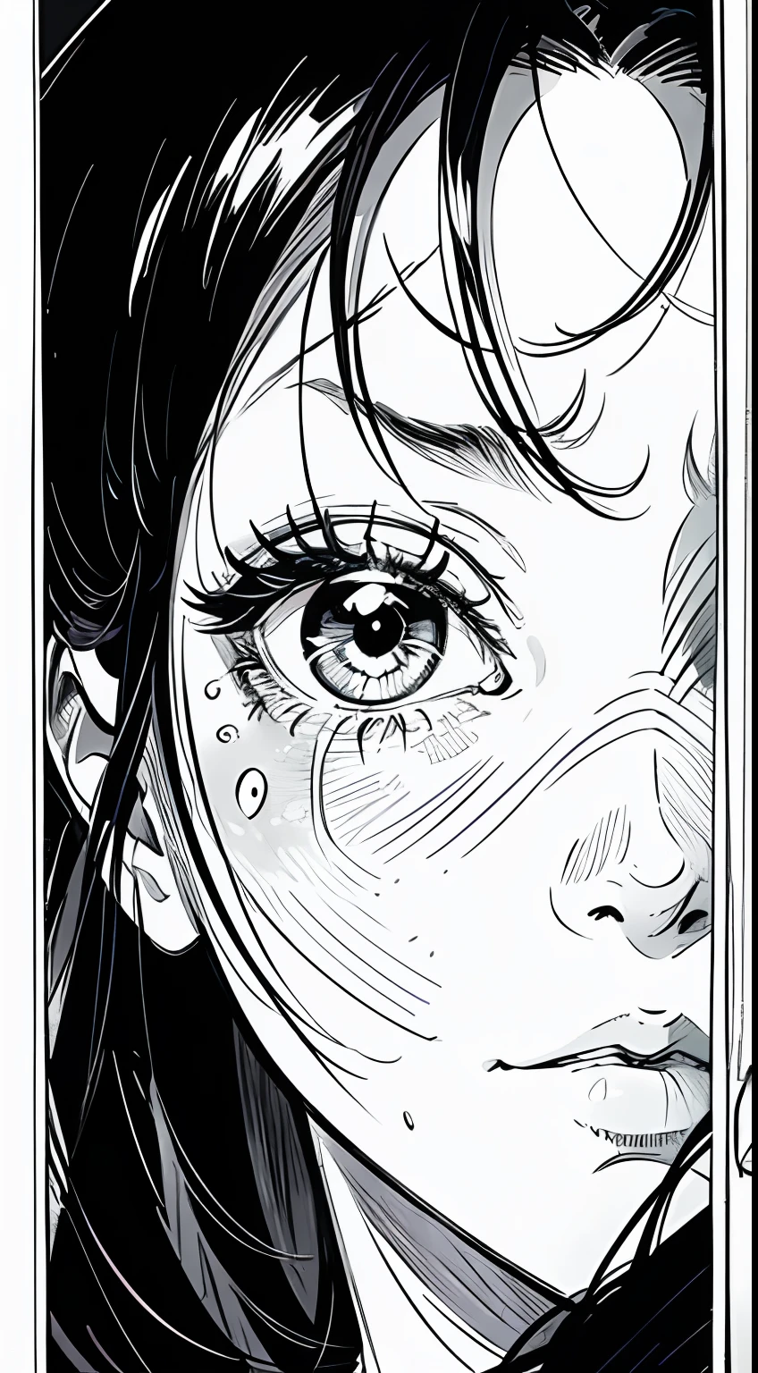 A woman with long black hair, black background, sadness, tears, depression, expressionless face, bust shot, rough expressive lines, expressive lines, dark lines, dense lines, intense line work, masterpiece, best quality, super fine, extremely delicate and beautiful, horror manga, black and white manga, black and white line drawing, inspired by Junji Ito, Junji Ito's artistic style, hand-drawn, character focus, extremely fine,