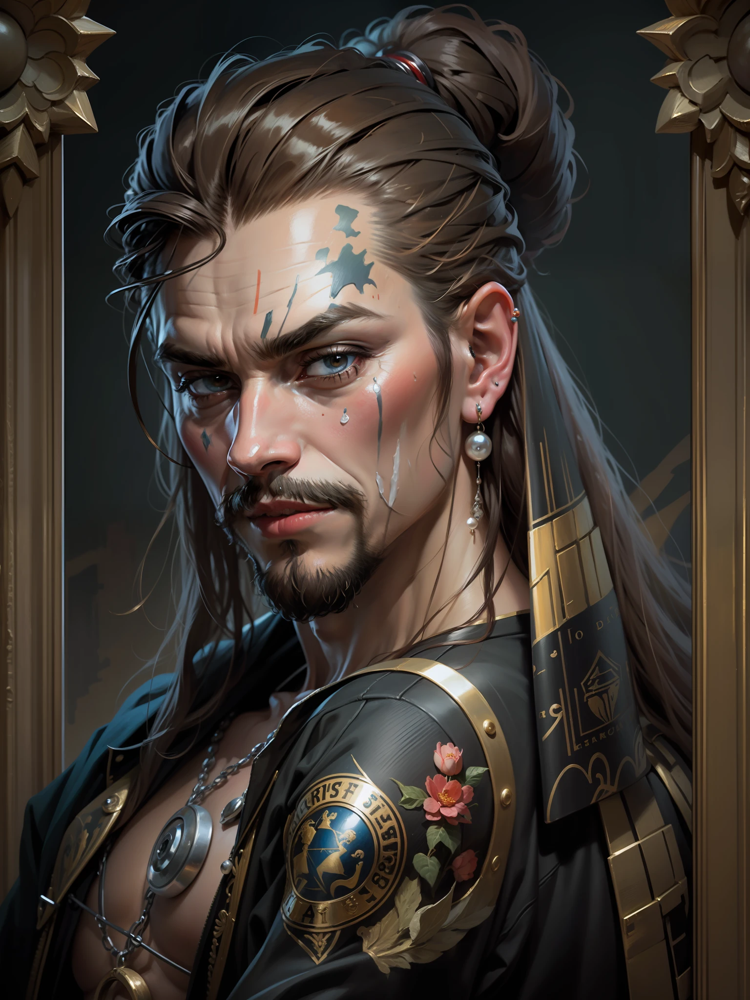 Masterpiece, highest quality, HD, 8k, strong man, long beard, oil painting by Johannes Vermeer, rich in detail, detailed facial features, ears with pearl earrings.