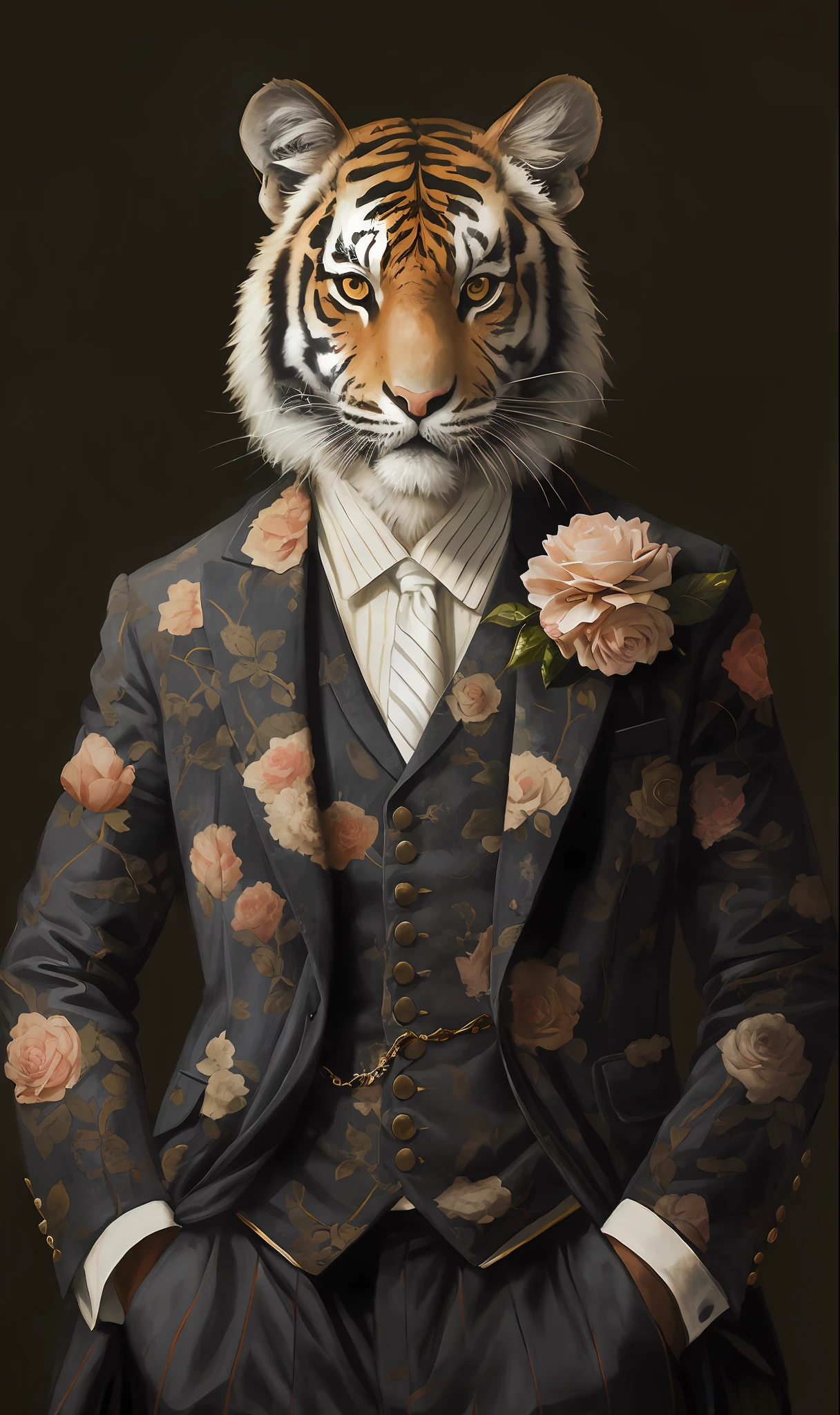 Painting a tiger in a suit and tie, flowers, anthropomorphic tiger, dignified aristocracy, masterpiece human portrait, Tom Bagshaw portrait, Galen Dara, gentleman, in a gorgeous suit, Tom Bagshaw style, Karen Beit, wearing an ancient suit, Tom Bagshaw style, Elizabeth Jane Lloyd, gorgeous style, rich details, gold,