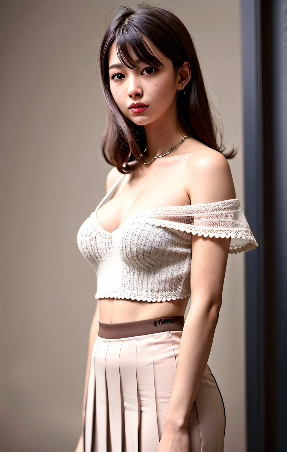 ((((medium hair)))), ((((brown hair)))), best quality, 8K, HDR, highres, absurdres:1.2, blurry background, bokeh:1.2, Photography, (RAW photo:1.2), (photorealistic:1.4), (masterpiece:1.3), (intricate details:1.2), 1girl, solo, japanese girl, delicate, beautiful detailed, (detailed eyes), (detailed facial features), petite, (((large breasts))), skin tight, (looking_at_viewer), from_front, (skinny), (best quality:1.4), (ultra highres:1.2), cinema light, (extreme detailed illustration), (lipgloss, best quality, ultra highres, depth of field, caustics, Broad lighting, natural shading, 85mm, f/1.4, ISO 200, 1/160s:0.75),1girl, solo, ((smile)), ulzzang-6500-v1.1, upper body,  ((((sweater in white, bare shoulder)))), (((pleated skirt in pink))),