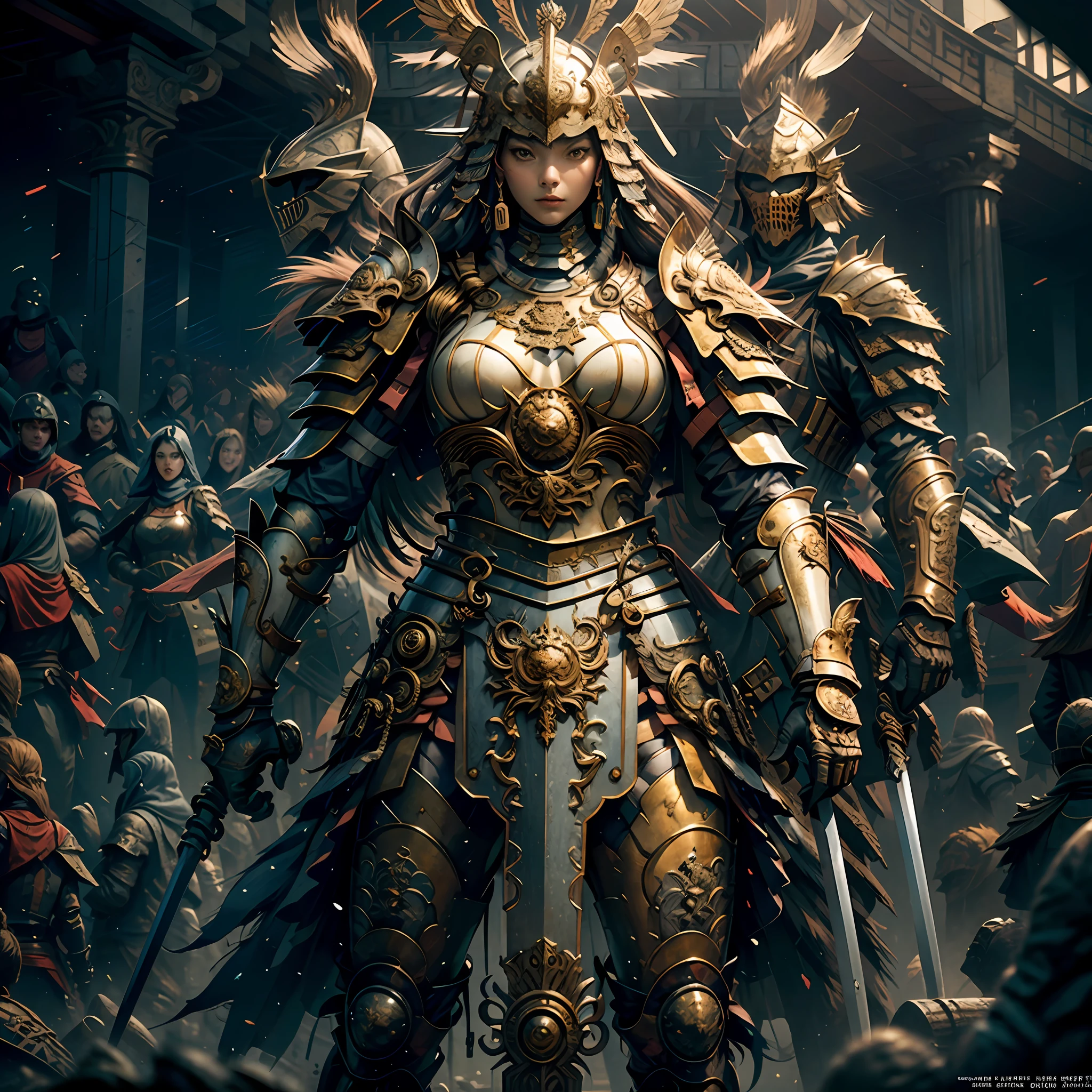 A Milf of armor and swords stands in front of the audience, large breasts, (perfect body), (masterpiece), in a very sexy pose, (ultra detailed), (hyper beautiful), (8k, ultra detailed CG illustration) --auto