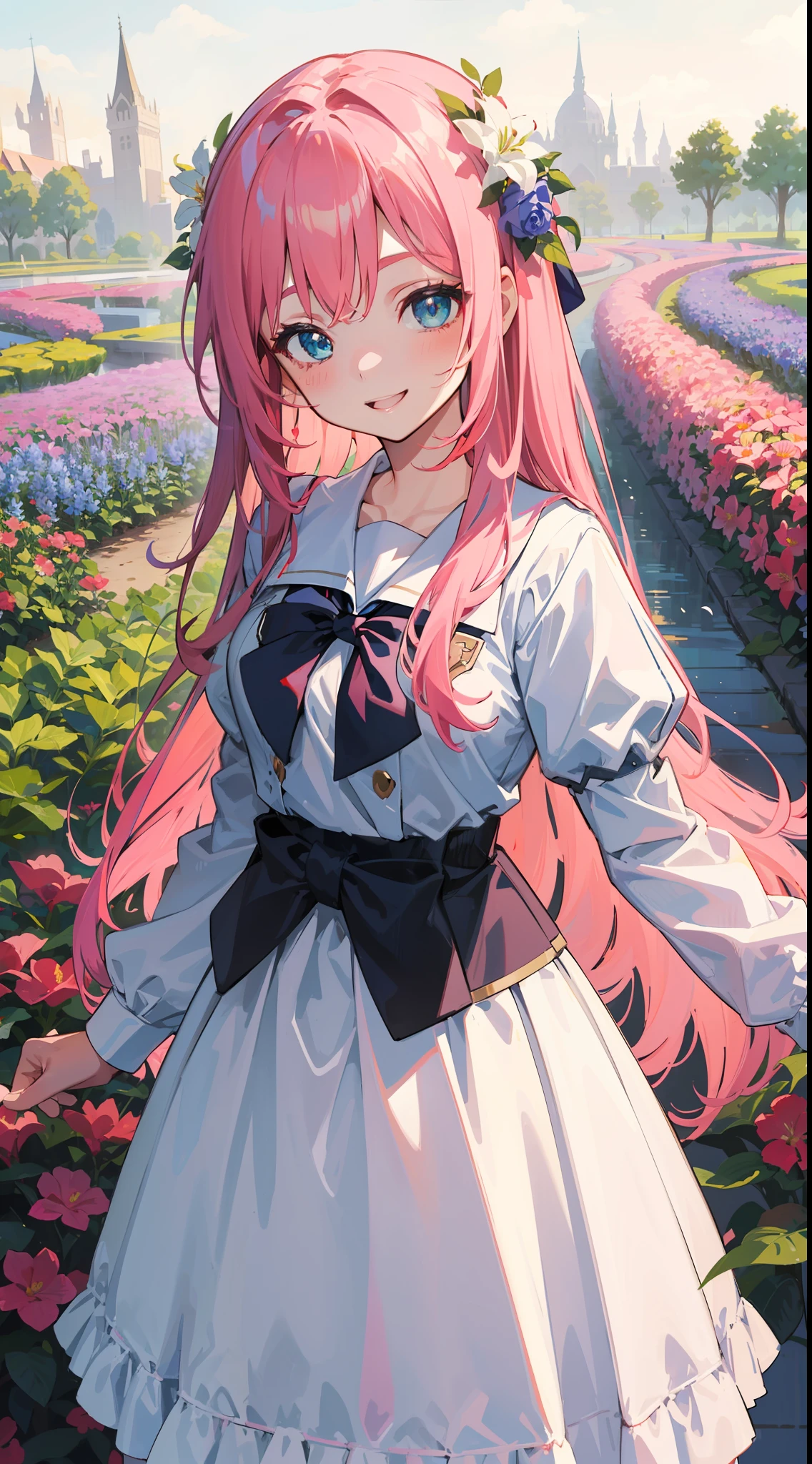 1loli, pink long hair with flowery decoration, sharp cyan eyes, wear white high school uniform, she is girl with very beauty harm smile and very beautiful like an angel, amazing flower garden scenery