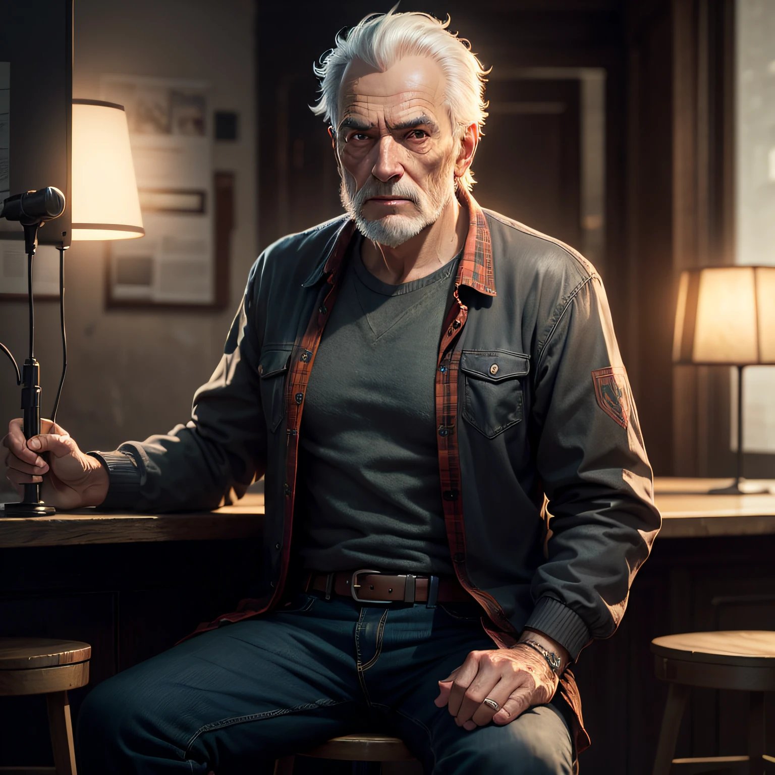 intense older man sitting on a stool, cinematic lighting, holding a microphone, looking into the camera, detailed face, by artstation, unreal engine --q 2 - Upscaled by @techntrendz (fast)
