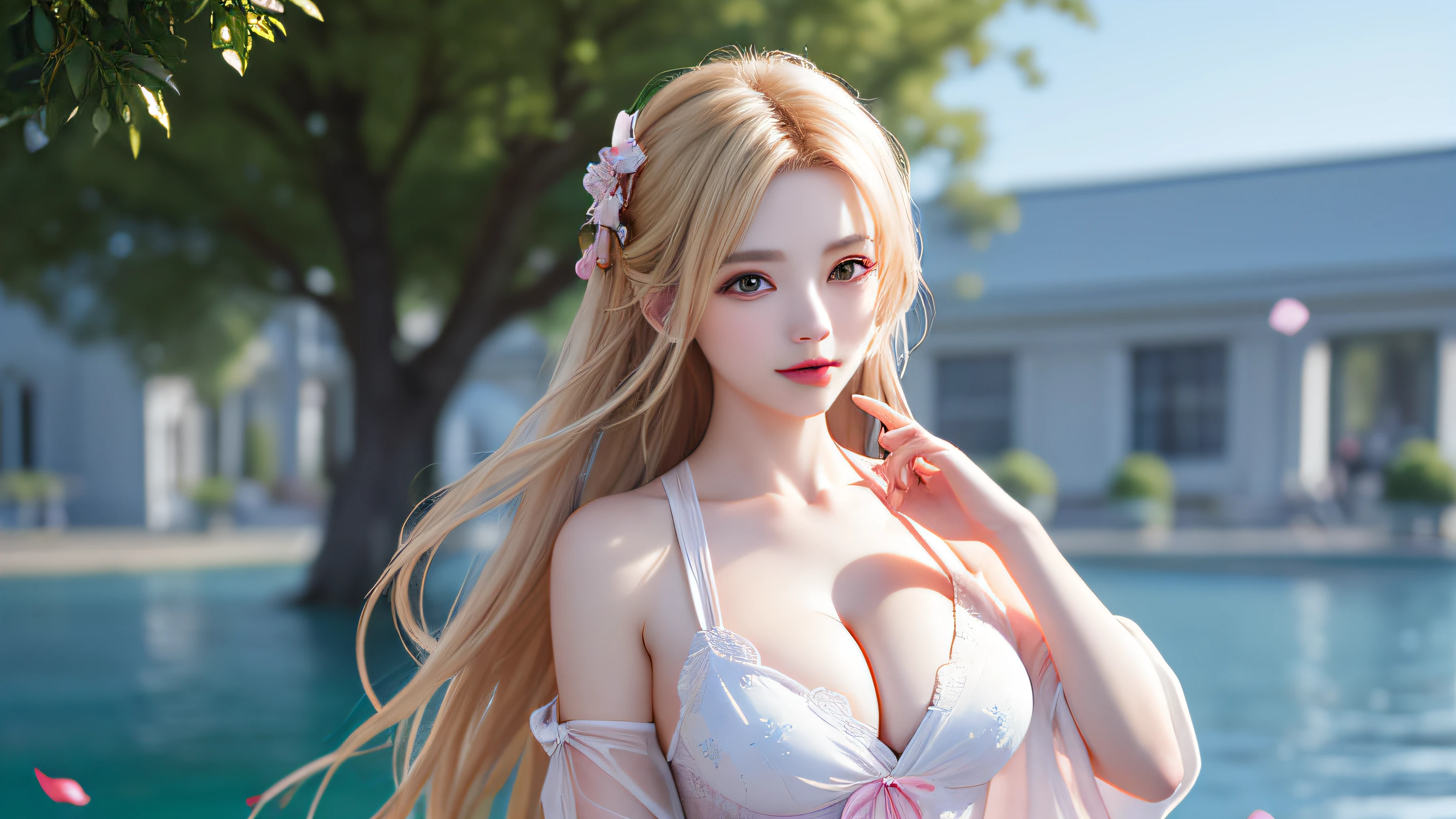 (8k, RAW photo: 1.2), top quality, ultra high resolution, (((cleavage coordination from head to chest)), dramatic angle, (pink petals flutter), (illustration), (1 girl))), (long hair), (transparent white sheer sleeveless dress, mini skirt)), beautiful face (blonde, blue eyes), (bright lipgloss, long eyelashes, smooth) face, Light skin, natural shadows, wide light, wide light, depth of field, strong colors, subtle caustics: 0.8), smile, (big), (rain: 0.9), behind the girl is Hanazono, (focus), ((standing on the surface of the water)), (color splash), colorful splash, ((colorful))), (sketch: 0.8), masterpiece, best quality, beautifully painted, highly detailed, (denoise: 0.6), [Splash Ink], (Ink Refraction)), (Beautiful Detailed Sky), Highly Detailed, (Masterpiece, Best Quality, Highly Detailed) CG Unity 8k Wallpaper, Masterpiece, Best Quality, Ultra Detail), (Lycoris radiata)