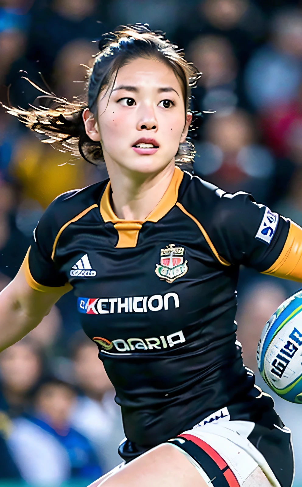 (8k, RAW photo, best quality, masterpiece: 1.2), (realistic, photorealistic: 1.37), (rugby: 1.4), beautiful Japan women, 1 person