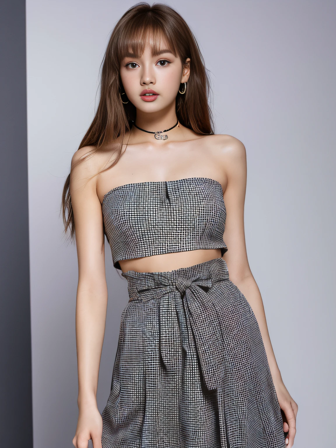 (Best Quality, 16K, Masterpiece: 1.3), Lisa Yellow Long Hair, Dressed in Spice Girl, Bandeau, Open Waist, Sexy, Irregular Pleated Skirt, Long Legs, Ultra-Detail Face, Detail Lips, Detail Eyes, Double Eyelids, HD