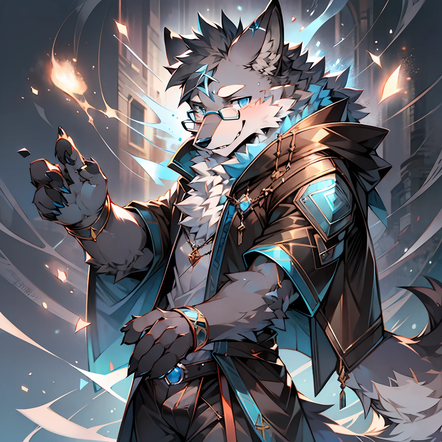 Single, furry male, furry, wolf, canine, black-gray fur, blue eyes, glasses, blue runes, mage, magic, black coat, short sleeves.