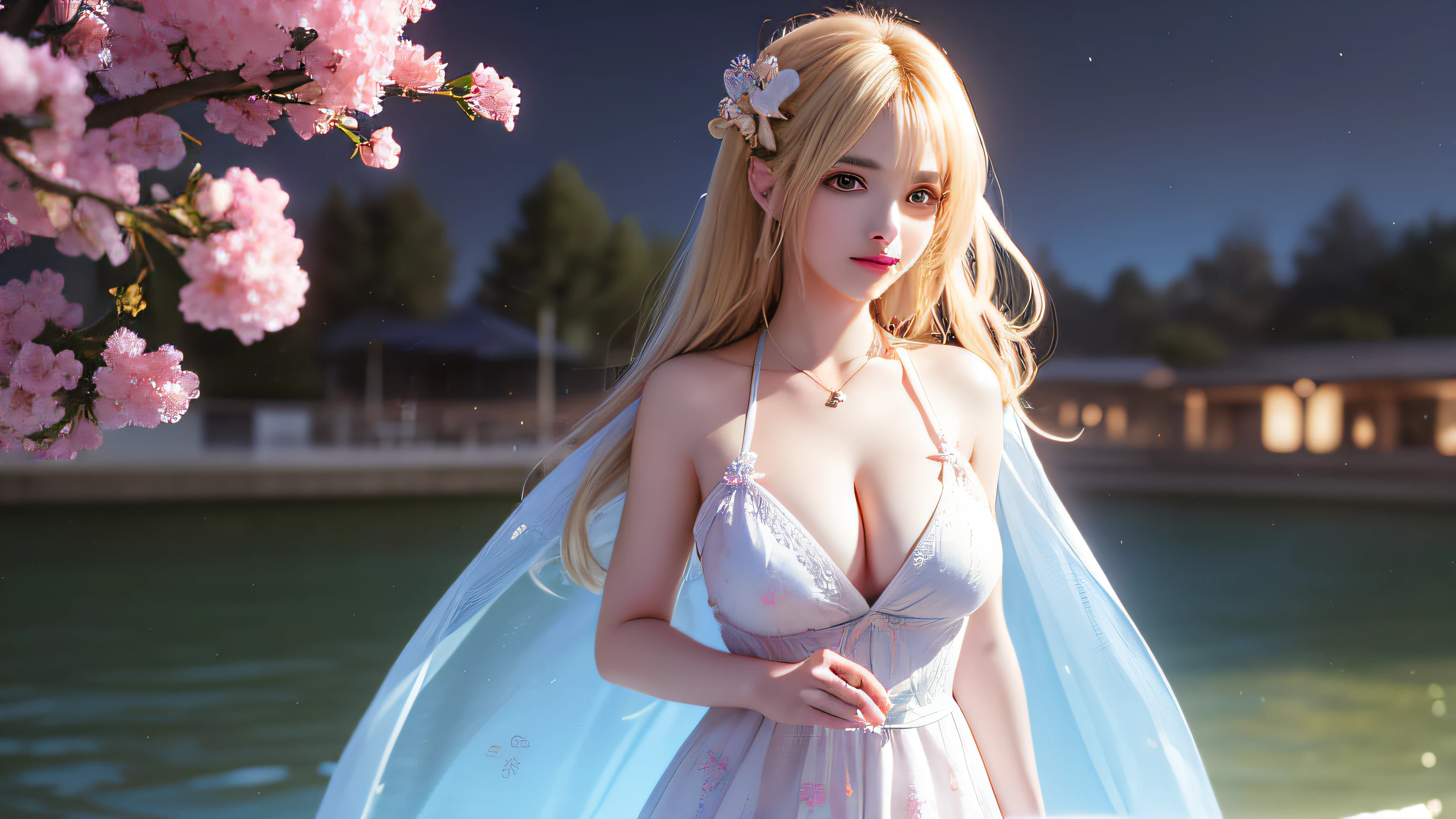 (8k, RAW photo: 1.2), top quality, ultra high resolution, (((cleavage coordination from head to chest)), dramatic angle, (pink petals flutter), (illustration), (1 girl))), (long hair), (transparent white sheer sleeveless dress, mini skirt)), beautiful face (blonde, blue eyes), (bright lipgloss, long eyelashes, smooth) face, Light skin, natural shadows, wide light, wide light, depth of field, strong colors, subtle caustics: 0.8), smile, (big), (rain: 0.9), behind the girl is Hanazono, (focus), ((standing on the surface of the water)), (color splash), colorful splash, ((colorful))), (sketch: 0.8), masterpiece, best quality, beautifully painted, highly detailed, (denoise: 0.6), [Splash Ink], (Ink Refraction)), (Beautiful Detailed Sky), Highly Detailed, (Masterpiece, Best Quality, Highly Detailed) CG Unity 8k Wallpaper, Masterpiece, Best Quality, Ultra Detail), (Lycoris radiata)