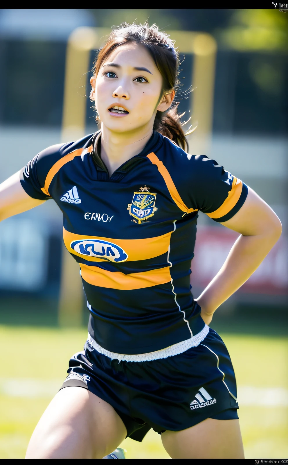 (8k, RAW photo, best quality, masterpiece: 1.2), (realistic, photorealistic: 1.37), (rugby: 1.4), beautiful Japan women, 1 person