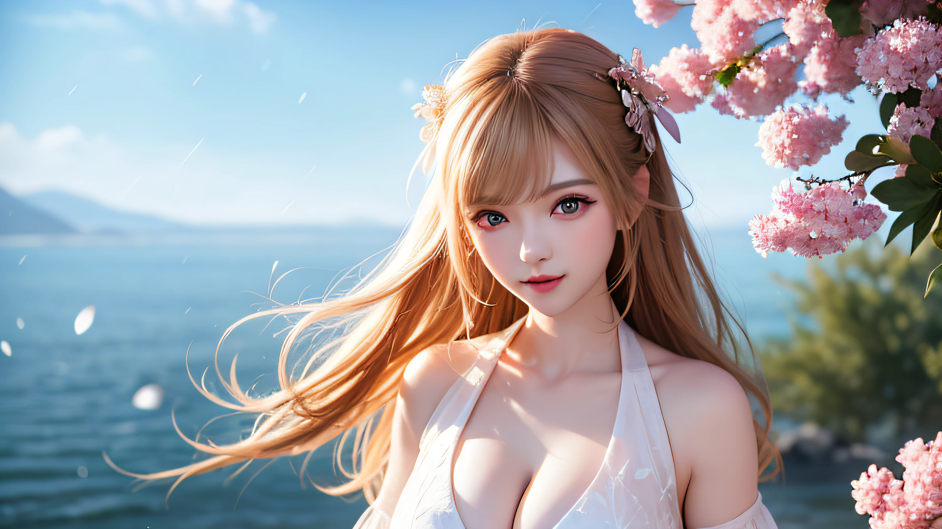 (8k, RAW photo: 1.2), top quality, ultra high resolution, (((cleavage coordination from head to chest)), dramatic angle, (pink petals flutter), (illustration), (1 girl))), (long hair), (transparent white sheer sleeveless dress, mini skirt)), beautiful face (blonde, blue eyes), (bright lipgloss, long eyelashes, smooth) face, Light skin, natural shadows, wide light, wide light, depth of field, strong colors, subtle caustics: 0.8), smile, (big), (rain: 0.9), behind the girl is Hanazono, (focus), ((standing on the surface of the water)), (color splash), colorful splash, ((colorful))), (sketch: 0.8), masterpiece, best quality, beautifully painted, highly detailed, (denoise: 0.6), [Splash Ink], (Ink Refraction)), (Beautiful Detailed Sky), Highly Detailed, (Masterpiece, Best Quality, Highly Detailed) CG Unity 8k Wallpaper, Masterpiece, Best Quality, Ultra Detail), (Lycoris radiata)