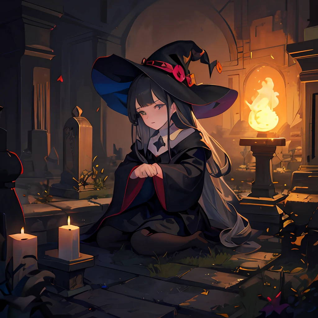 there is a drawing of a girl dressed as a witch sitting on the ground, witch, a witch, witch girl, classical witch, witchy, witch academia, dark witch, from the black mage cemetery!!!, portrait of a young witch girl, witch fairytale, witch hat, the witch conjure, witch's hat, dark witch character, by Kamisaka Sekka