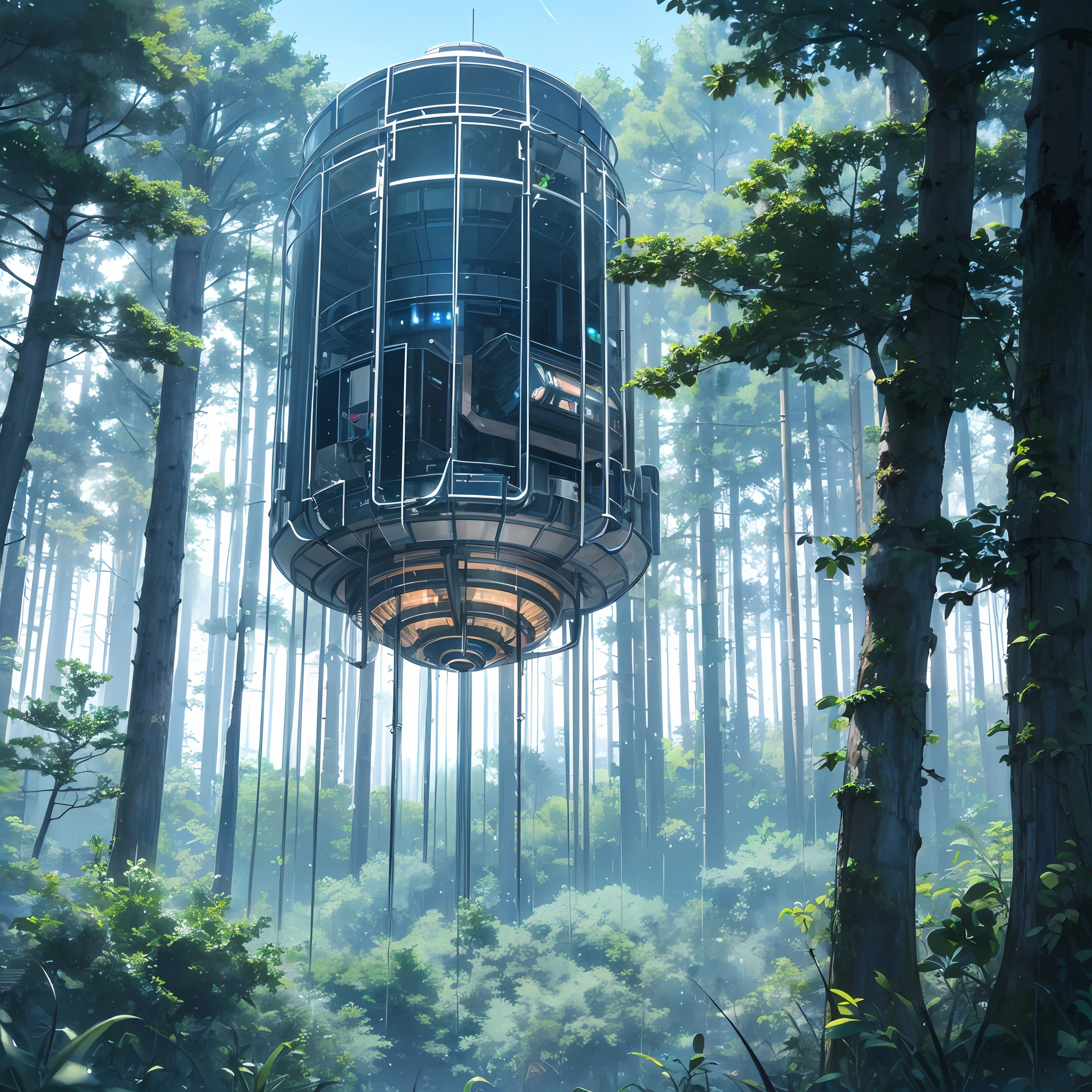 (Advance, high-tech,) sci-fi, (comfortable) horizonal capsule, small capsule, view from below, looking upward, transparent window, blue sky, (trees covering view of the sky) humid, after rain, wet, dark forest, mist, anime art style, masterpiece, 4k, detailed, sleeping position