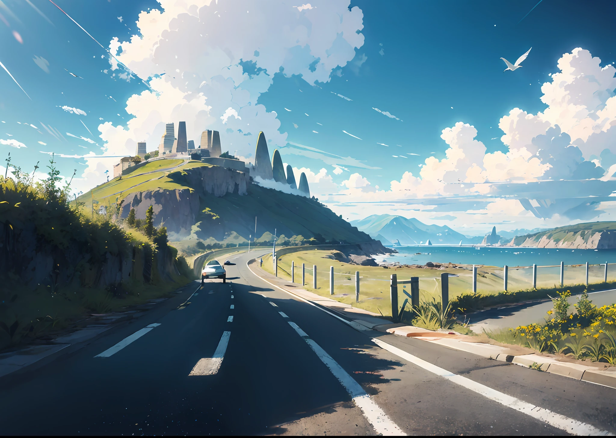 Coastal landscape. White clouds, beautiful light, highway, a car driving into the distance, light rain, distant mountains, there is an egret at the top of the sky
