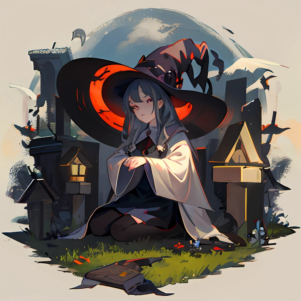 there is a drawing of a girl dressed as a witch sitting on the ground, witch, a witch, witch girl, classical witch, witchy, witch academia, dark witch, from the black mage cemetery!!!, portrait of a young witch girl, witch fairytale, witch hat, the witch conjure, witch's hat, dark witch character, by Kamisaka Sekka