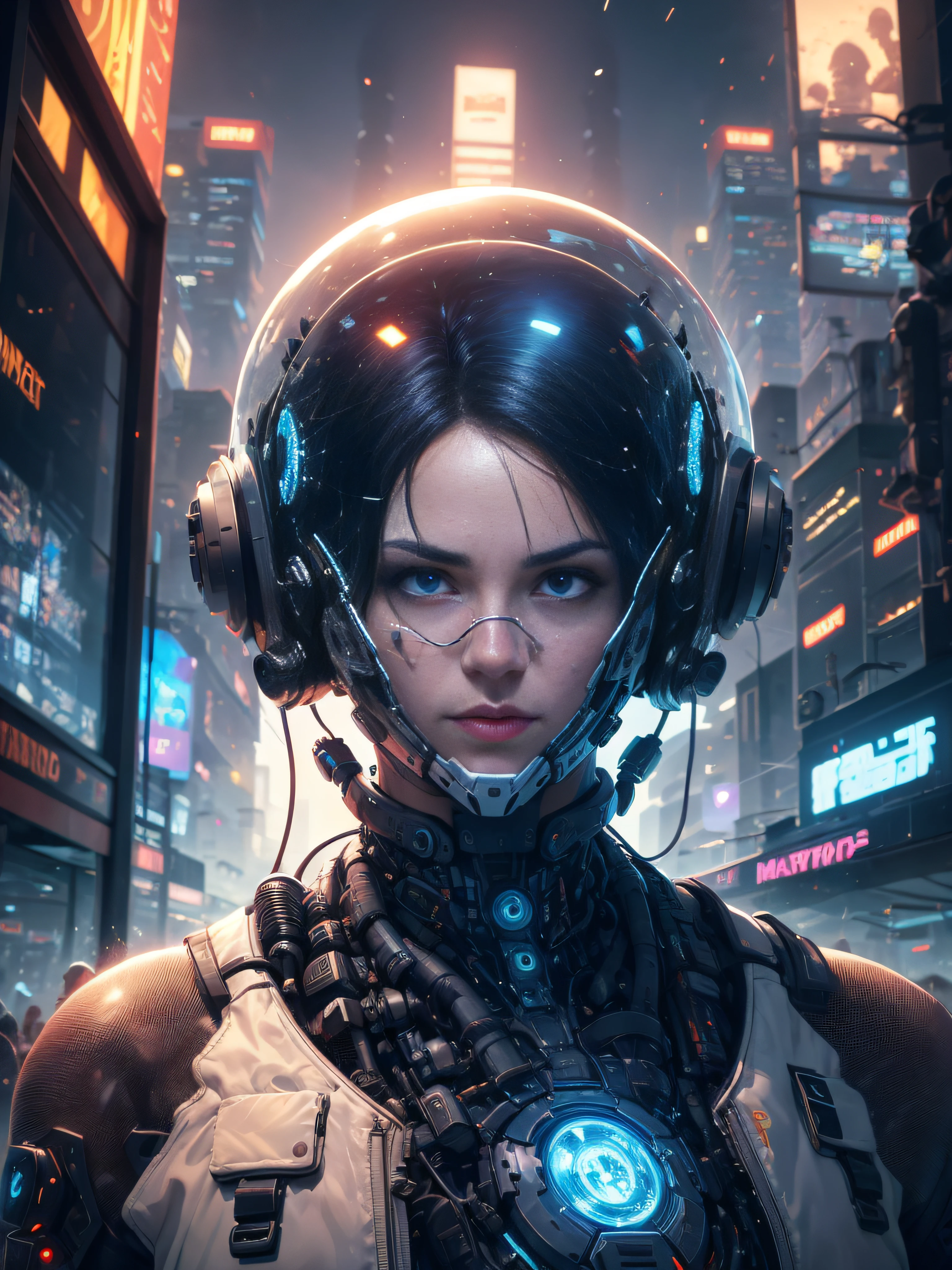 close up of man wearing razor helmet, blue eyes, covered eyes, reflective surface on helmet, ((cyberhelmet:1.2 scifi)), futuristic, cyberwave, background cyberpunk 2077, mega city, neo cyber world, cinematic, hires, 4k, intricate detail, grain, side view