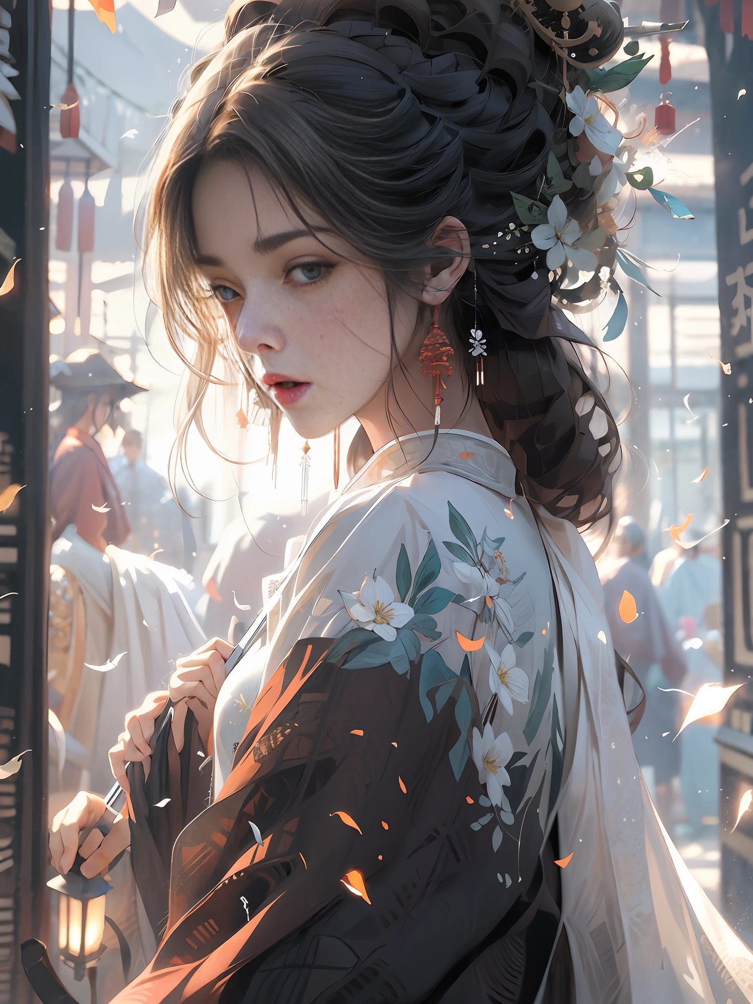 Bamboo forest, bamboo leaves falling, hazy, white hanfu, sexy, oil-paper umbrella, lantern, folding fan,