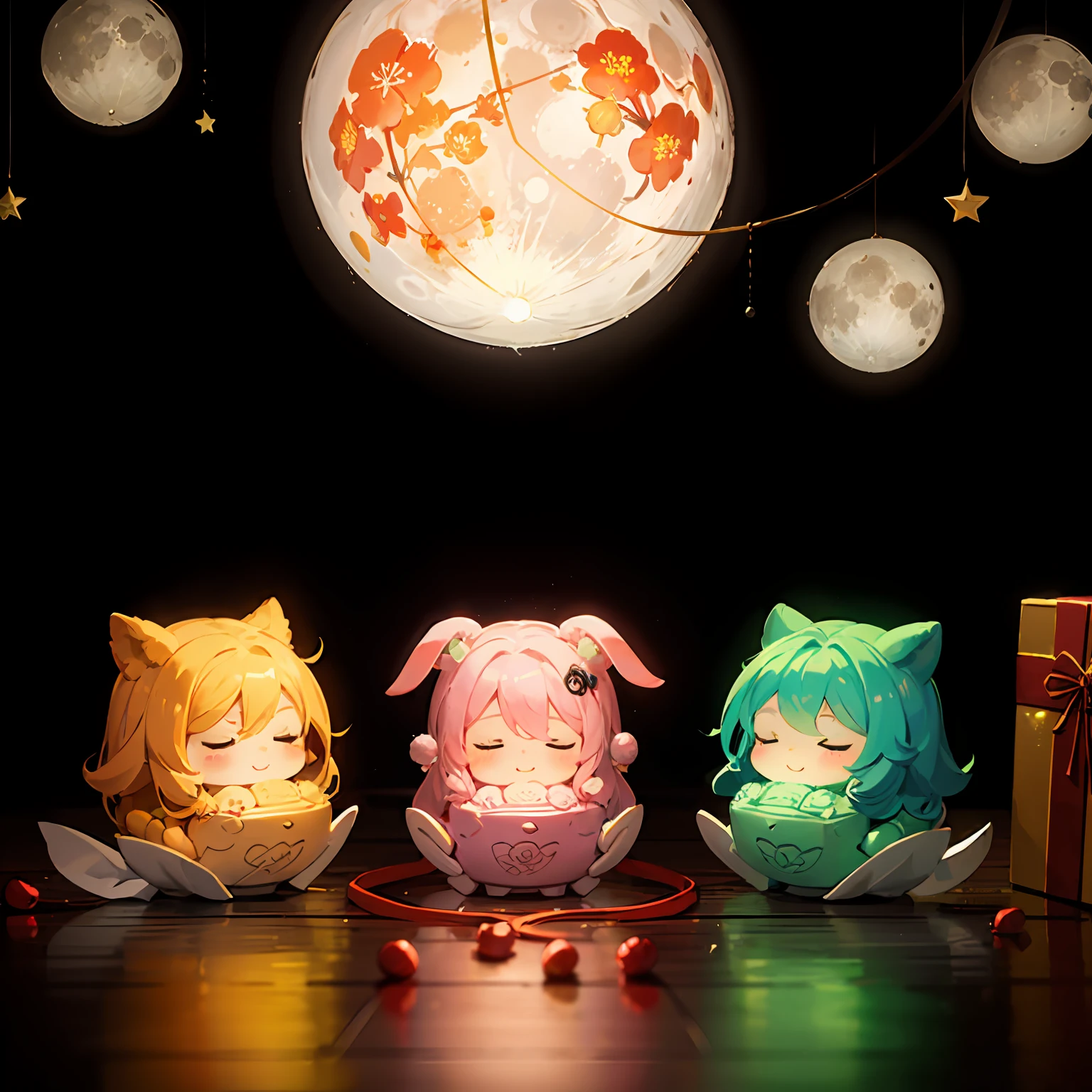 Make a live gift prop, jade rabbit, moon icon, two-dimensional style, Mid-Autumn Festival, mooncake, gift ribbon, pink light bar --auto