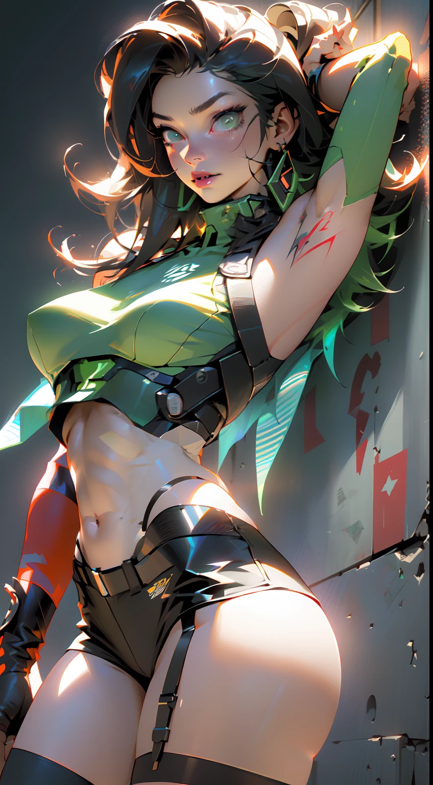 ((Best quality)), ((masterpiece)), (detailed: 1.4), (Absurd), Caucasian woman fighter pilot ready for war, perfect body, Lara Croft, defined muscles, half thick naked thighs, closed mouth, only in panties, muscular body covered by technological clothing, Neon Genesis Evangelion style, cyberpunk, generous neckline, (((perfect large breasts)), (green eyes), (((short straight hair))), (thin stripes covering breasts),  (Yakuza tattoo on the arms), short underwear, garter belt, by mucha, niji --V5, close to real, psychopathic, crazy face, sexy pose, background with a giant Gundam-style robot head, 2 piece clothing, pointed shoulder pads, pastel, centered, scale to fit dimensions, HDR (High Dynamic Range),Ray Tracing,NVIDIA RTX,Super-Resolution,Unreal 5,Subsurface dispersion,  PBR Texture, Post-processing, Anisotropic filtering, Depth of field, Maximum clarity and sharpness, Multilayer textures, Albedo and specular maps, Surface shading, Accurate simulation of light-material interaction, Perfect proportions, Octane Render, Two-tone lighting, Wide aperture, Low ISO, White balance, Rule of thirds, 8K RAW