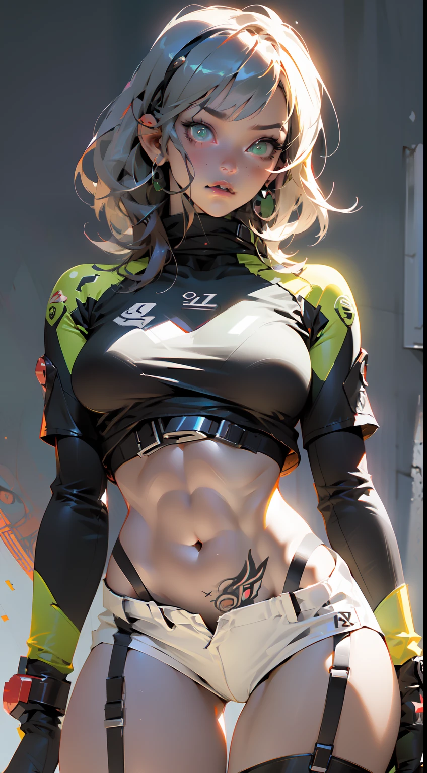 ((Best quality)), ((masterpiece)), (detailed: 1.4), (Absurd), Caucasian woman fighter pilot ready for war, perfect body, Lara Croft, defined muscles, half thick ????? thighs, closed mouth, ???????????????, muscular body covered by technological clothing, Neon Genesis Evangelion style, cyberpunk, generous neckline, (((perfect ?????????????)), (green eyes), (((short straight hair))), (thin stripes covering ???????),  (Yakuza tattoo on the arms), short ?????????, garter belt, by mucha, niji --V5, close to real, psychopathic, crazy face, ???? pose, background with a giant Gundam-style robot head, 2 piece clothing, pointed shoulder pads, pastel, centered, scale to fit dimensions, HDR (High Dynamic Range),Ray Tracing,NVIDIA RTX,Super-Resolution,Unreal 5,Subsurface dispersion,  PBR Texture, Post-processing, Anisotropic filtering, Depth of field, Maximum clarity and sharpness, Multilayer textures, Albedo and specular maps, Surface shading, Accurate simulation of light-material interaction, Perfect proportions, Octane Render, Two-tone lighting, Wide aperture, Low ISO, White balance, Rule of thirds, 8K RAW