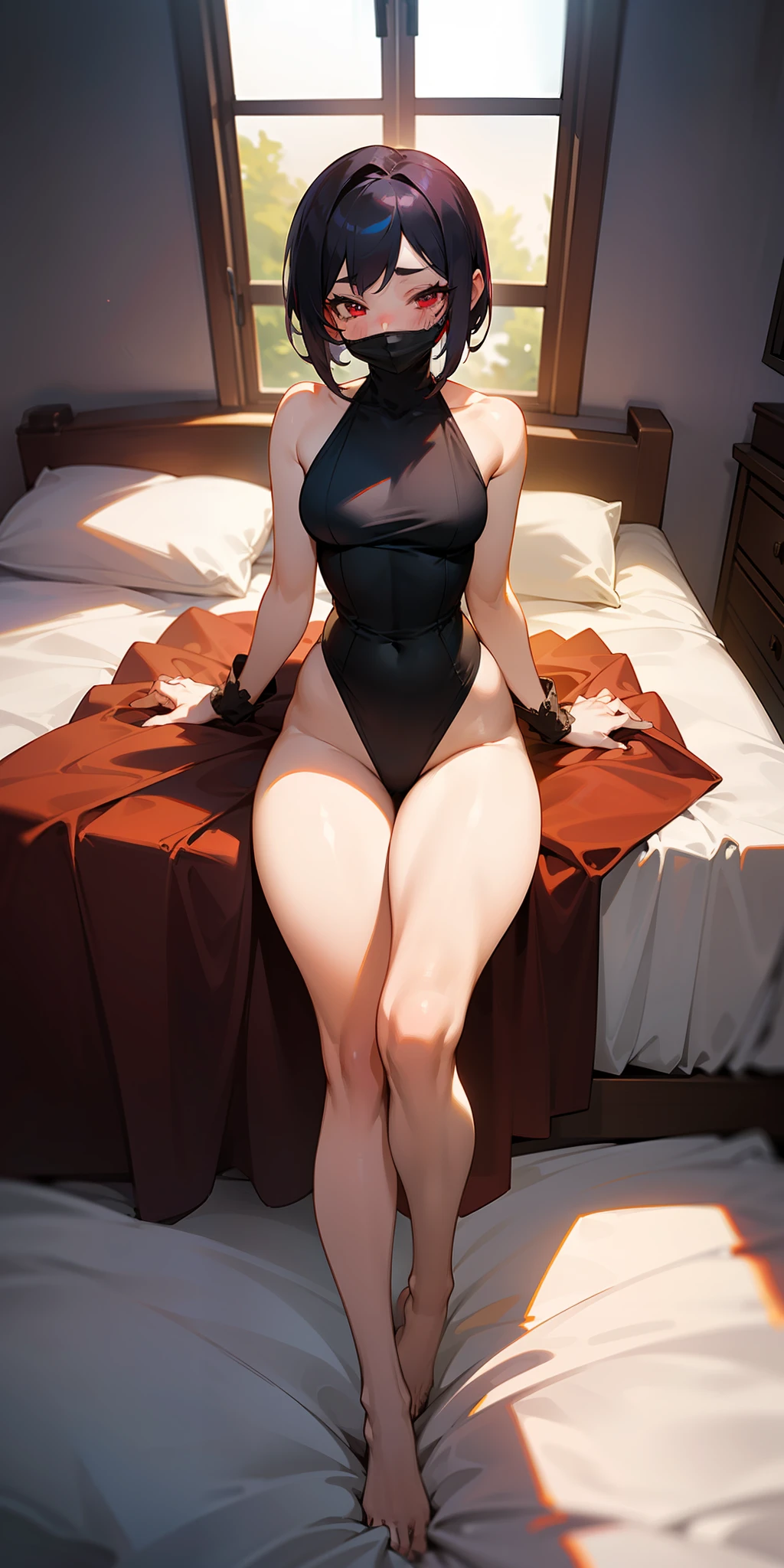 ((masterpiece)), ((best quality)), girl, ((beautiful body)), pale skin, ((red eyes)), ((mouth mask)), short hair, ((black dyed hair white)), ((hair highlight effect)), ((sexy sleepwear)), eyebrow, ((perfect)), slim waist, ((thick legs)), ((big thigh)), (( background)), ((room)), ((details in the room)), (objects in the room), (window), ((beautiful day)), pov, ((viewer view)), ((want to hugs)), ((blushingly)), lustful,
