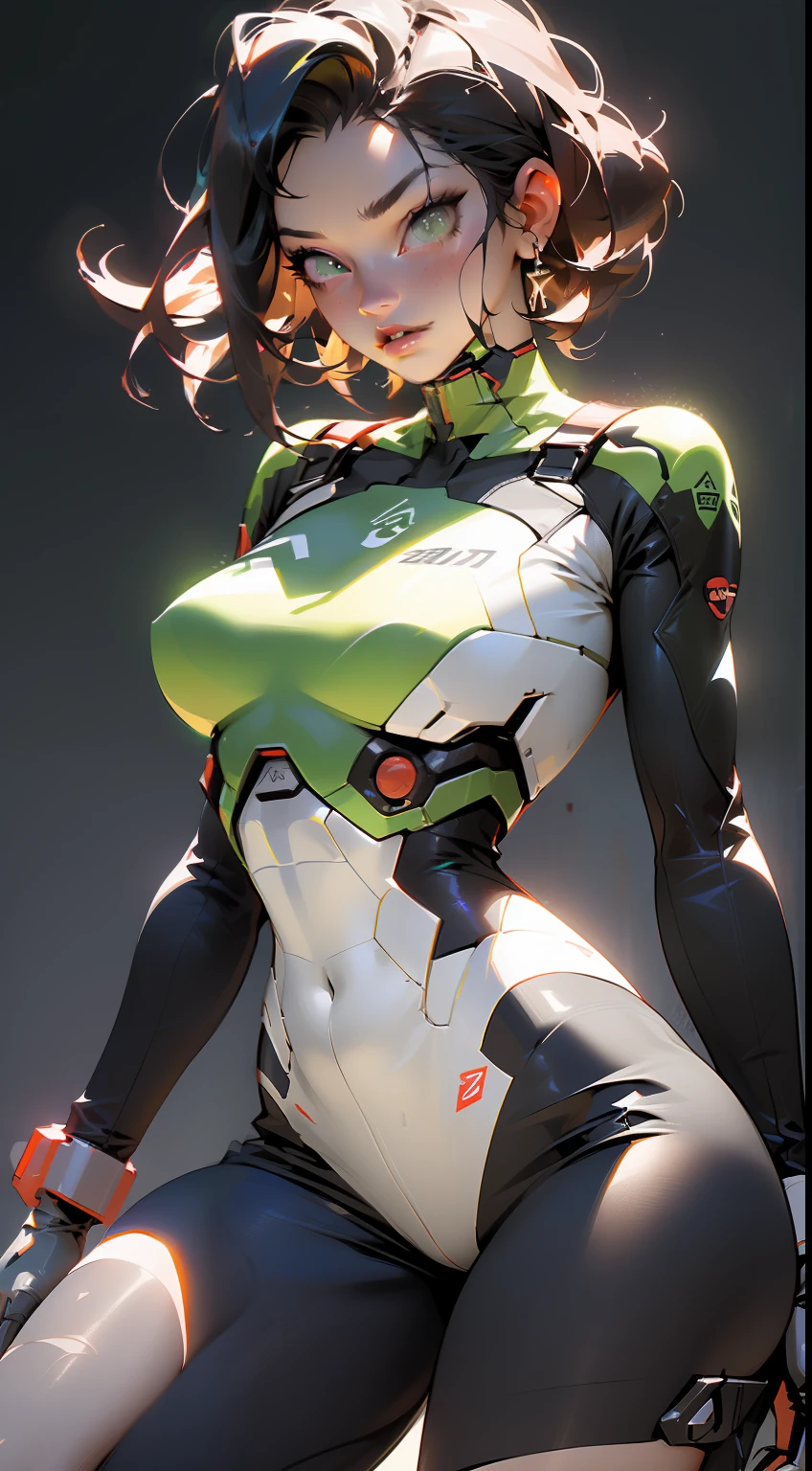 ((Best quality)), ((masterpiece)), (detailed: 1.4), (Absurd), Caucasian woman fighter pilot ready for war, perfect body, Lara Croft, defined muscles, half thick naked thighs, closed mouth, only in panties, muscular body covered by technological clothing, Neon Genesis Evangelion style, cyberpunk, generous neckline, (((perfect large breasts)), (green eyes), (((short straight hair))), (thin stripes covering breasts),  (Yakuza tattoo on the arms), short underwear, garter belt, by mucha, niji --V5, close to real, psychopathic, crazy face, sexy pose, background with a giant Gundam-style robot head, 2 piece clothing, pointed shoulder pads, pastel, centered, scale to fit dimensions, HDR (High Dynamic Range),Ray Tracing,NVIDIA RTX,Super-Resolution,Unreal 5,Subsurface dispersion,  PBR Texture, Post-processing, Anisotropic filtering, Depth of field, Maximum clarity and sharpness, Multilayer textures, Albedo and specular maps, Surface shading, Accurate simulation of light-material interaction, Perfect proportions, Octane Render, Two-tone lighting, Wide aperture, Low ISO, White balance, Rule of thirds, 8K RAW