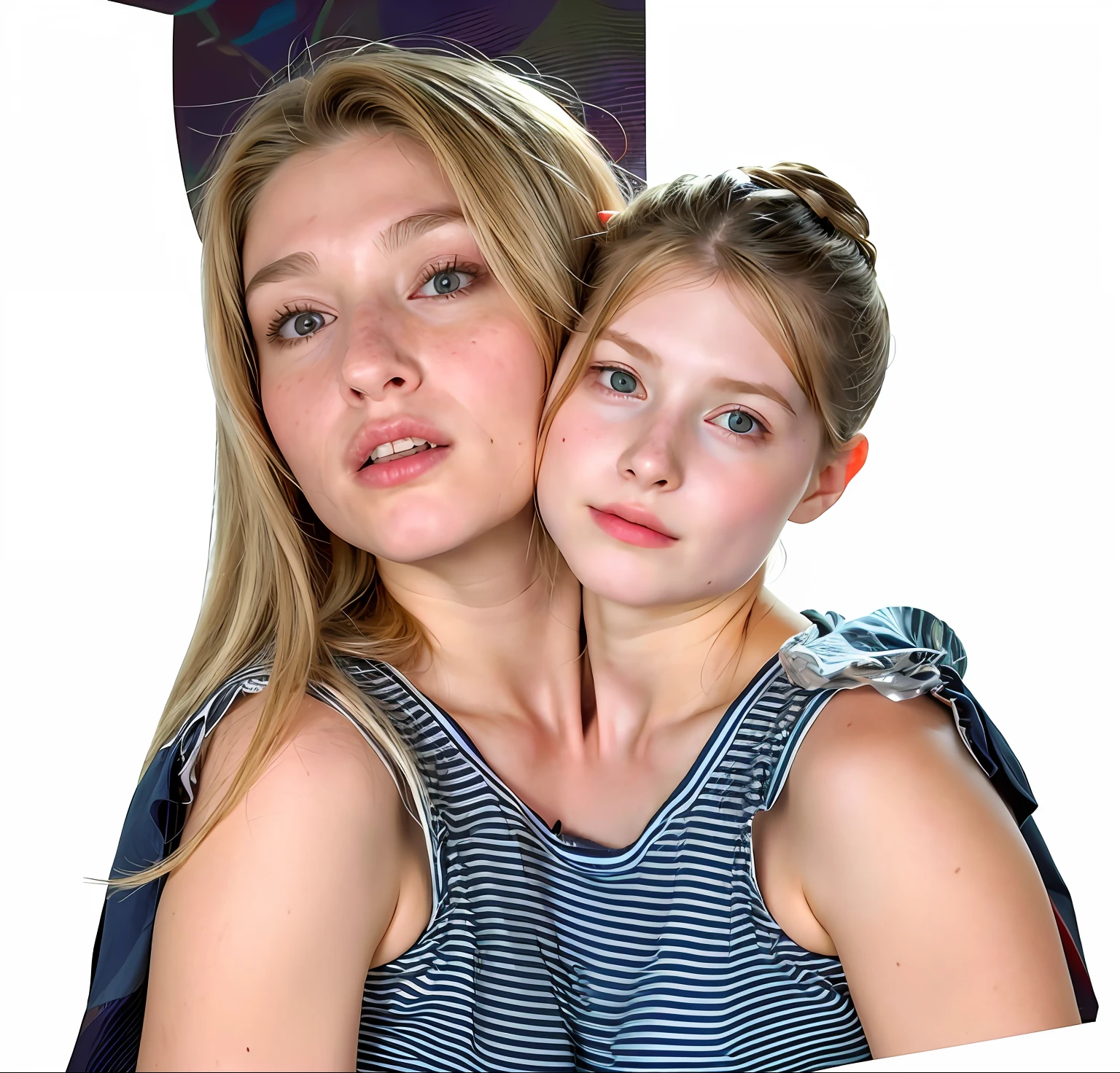 2heads, mom and daughter, (1head:1.5 child), (1head:1.5 young adult) (one torso:1.5), Irish, white girls, age difference, (two heads on one body:1.4), (first head uncomfortable:1.5), (second head unhappy:1.5) conjoined twins, heads side by side, one torso, young, realistic faces, lifelike faces, uncomfortable, barefoot