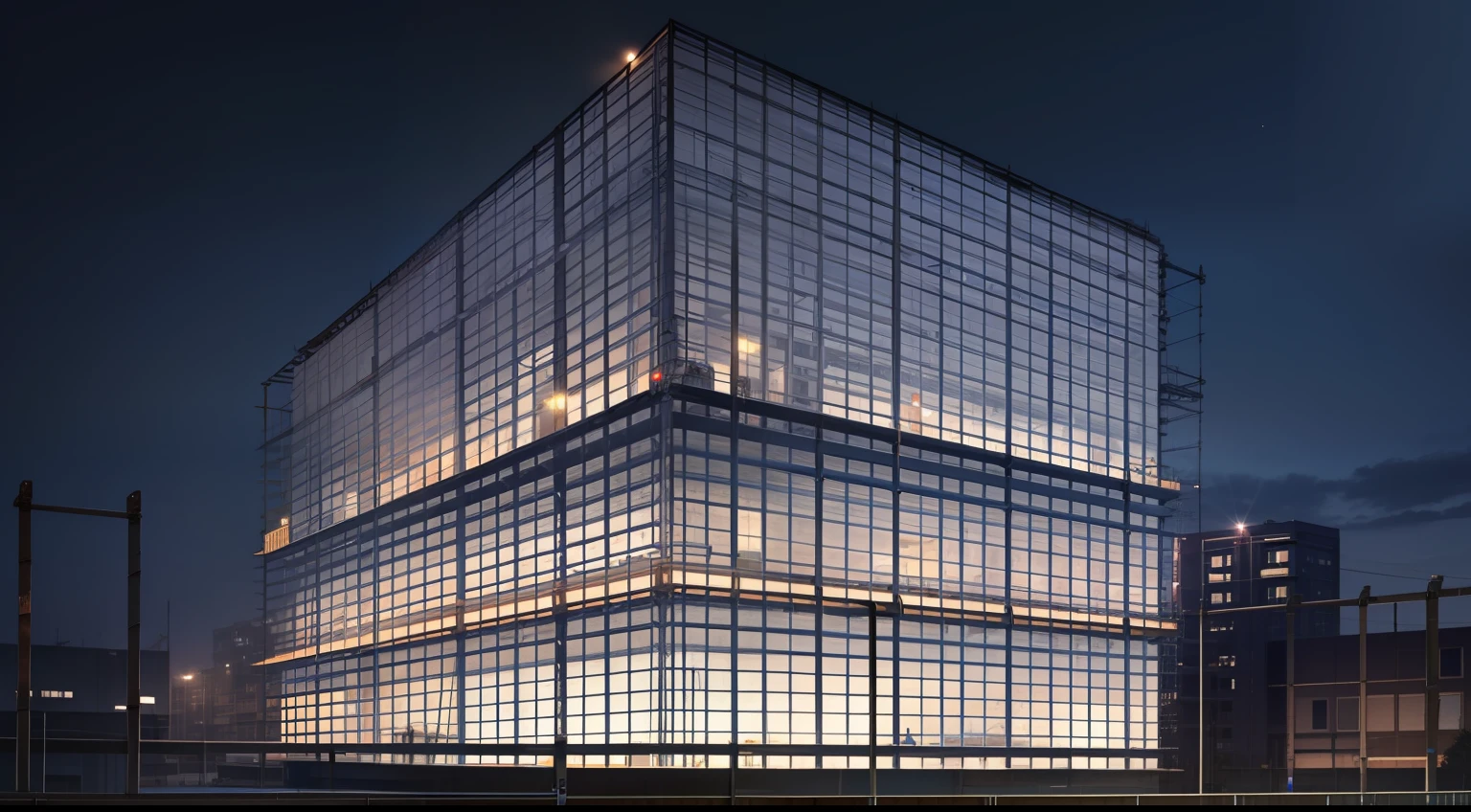 Realism, fine, high resolution, construction, site construction, scaffolding, steel structure, night scene lighting, mansion, lighting, greening, under construction, safety net, grid frame