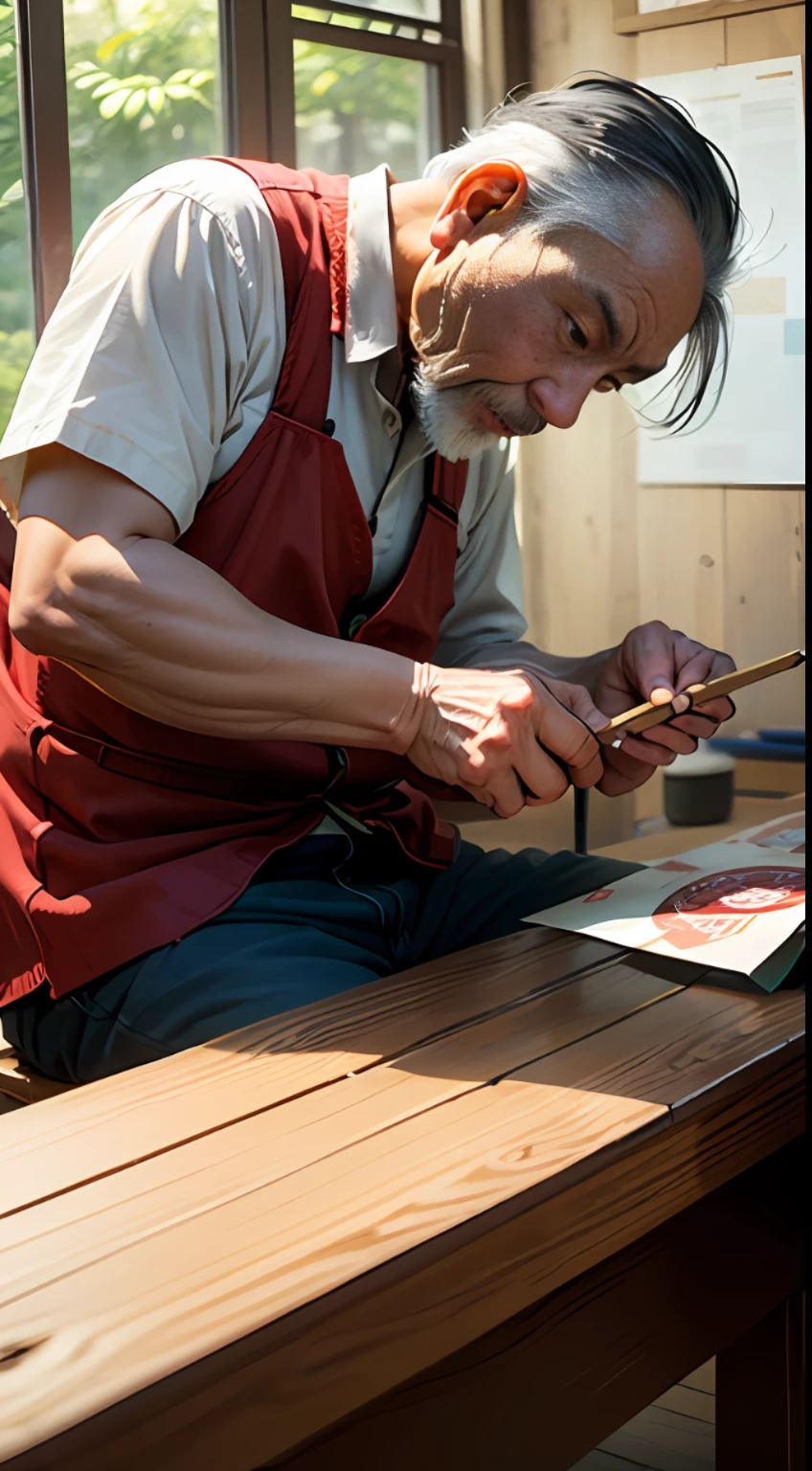 A scene of an old Chinese man handcrafting a traditional folding fan, a close-up of a folding fan, he sits at a wooden table, holding a folding fan in his left hand and a brush in his right hand, his facial expression is very kind, there is glue next to him, finger optimization, real scene