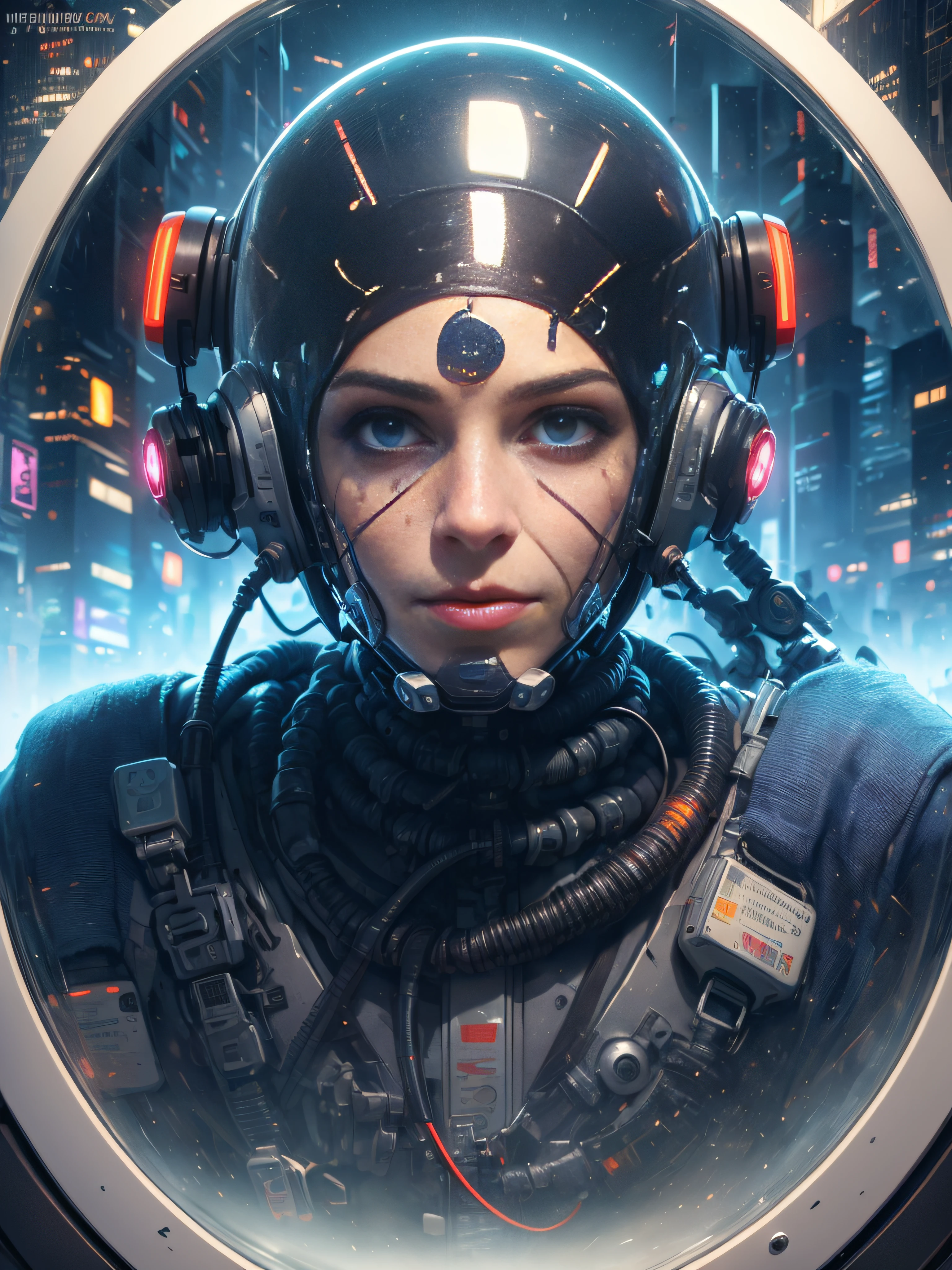 close up of man wearing razor helmet, blue eyes, covered eyes, reflective surface on helmet, ((cyberhelmet:1.2 scifi)), futuristic, cyberwave, background cyberpunk 2077, mega city, neo cyber world, cinematic, hires, 4k, intricate detail, grain, side view