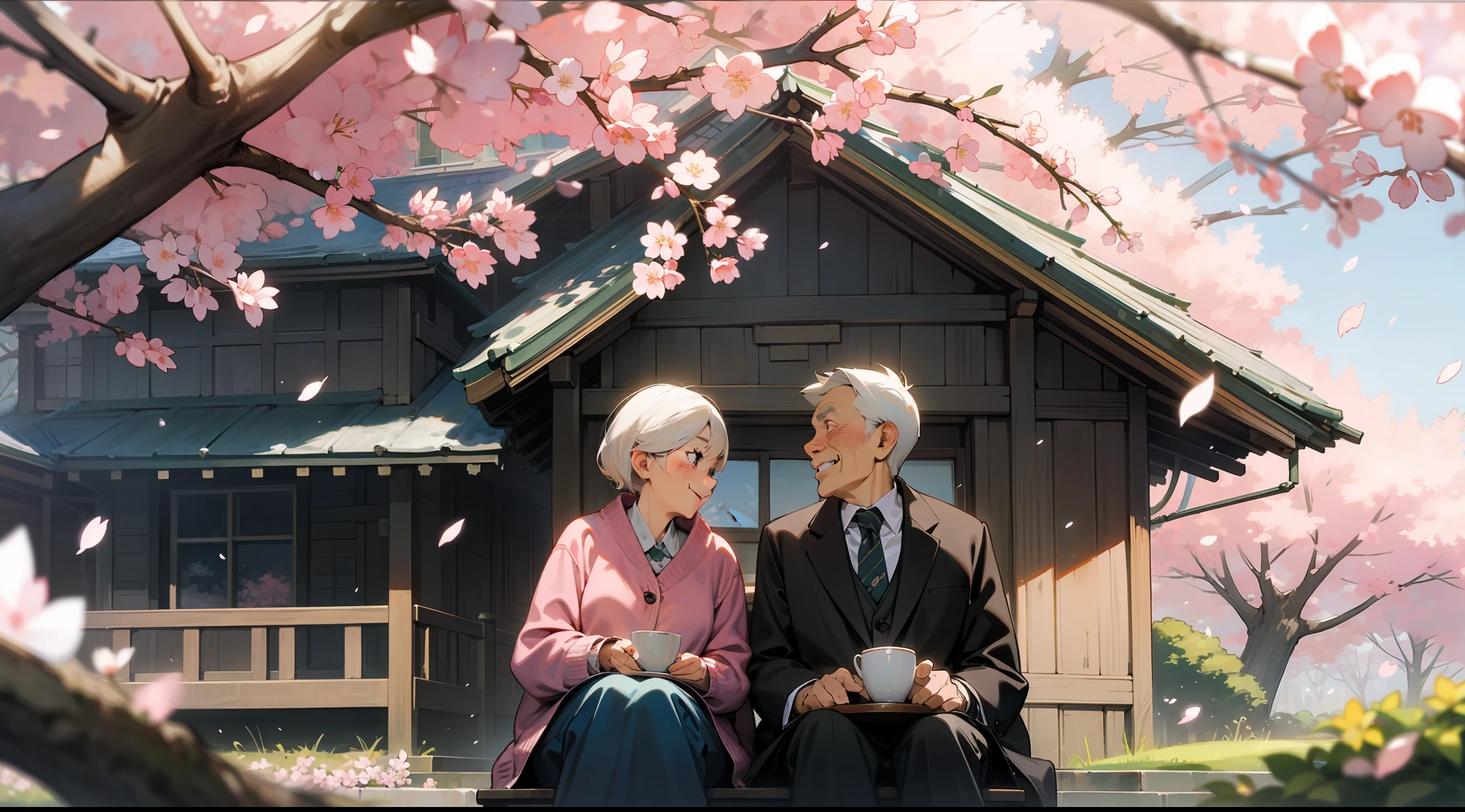 Upper body, vista, an elderly couple, sitting together, smiling, snowflakes, cherry blossom trees, old house