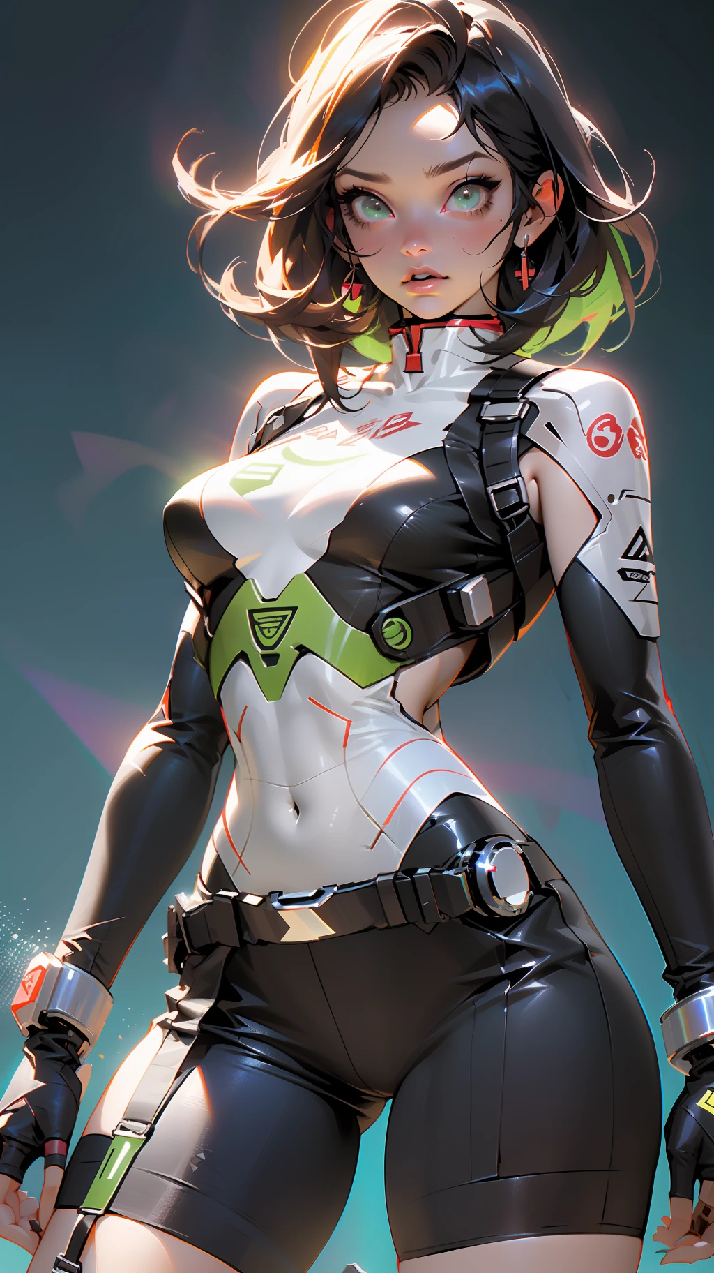 ((Best quality)), ((masterpiece)), (detailed: 1.4), (Absurd), Caucasian woman fighter pilot ready for war, perfect body, Lara Croft, defined muscles, half thick naked thighs, closed mouth, only in panties, muscular body covered by technological clothing, Neon Genesis Evangelion style, cyberpunk, generous neckline, (((perfect large breasts)), (green eyes), (((short straight hair))), (thin stripes covering breasts),  (Yakuza tattoo on the arms), short underwear, garter belt, by mucha, niji --V5, close to real, psychopathic, crazy face, sexy pose, background with a giant Gundam-style robot head, 2 piece clothing, pointed shoulder pads, pastel, centered, scale to fit dimensions, HDR (High Dynamic Range),Ray Tracing,NVIDIA RTX,Super-Resolution,Unreal 5,Subsurface dispersion,  PBR Texture, Post-processing, Anisotropic filtering, Depth of field, Maximum clarity and sharpness, Multilayer textures, Albedo and specular maps, Surface shading, Accurate simulation of light-material interaction, Perfect proportions, Octane Render, Two-tone lighting, Wide aperture, Low ISO, White balance, Rule of thirds, 8K RAW