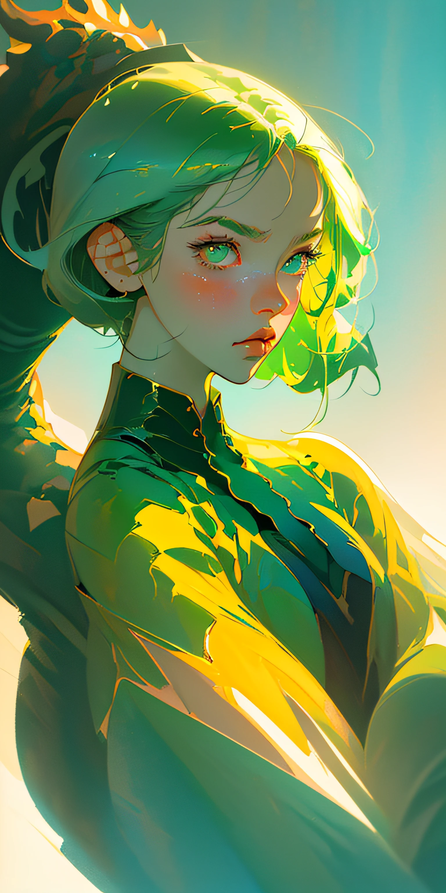 (masterpiece, best quality), 1girl, collarbone, rings, spiritual, straight hair, pony tail, looking at viewer, upper body, necklace, suspenders, gang at back, freckles, green hair, sunlight