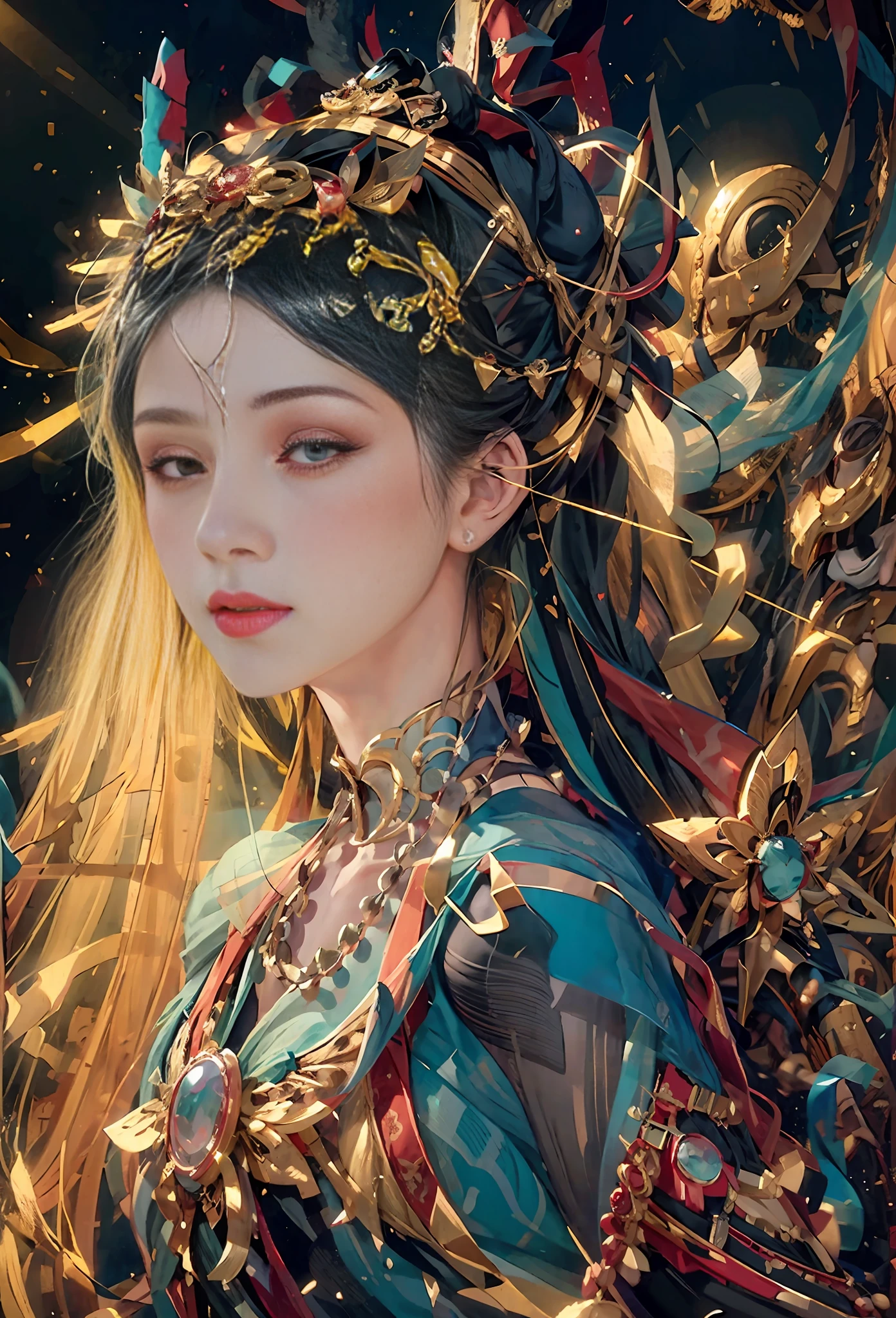 (Full body photo) (face with fabric (transparent)) (veil (black gold rimmed)) Dunhuang style, black gold-rimmed veil blocking the delicate face, high nose bridge, crimson lips look particularly charming, (dancing) (smiling) DUNHUANG _ CLOTHS
DUNHUANG _ STYLE
DUNHUANG _ BACKGROUND
DUNHUANG DRESS