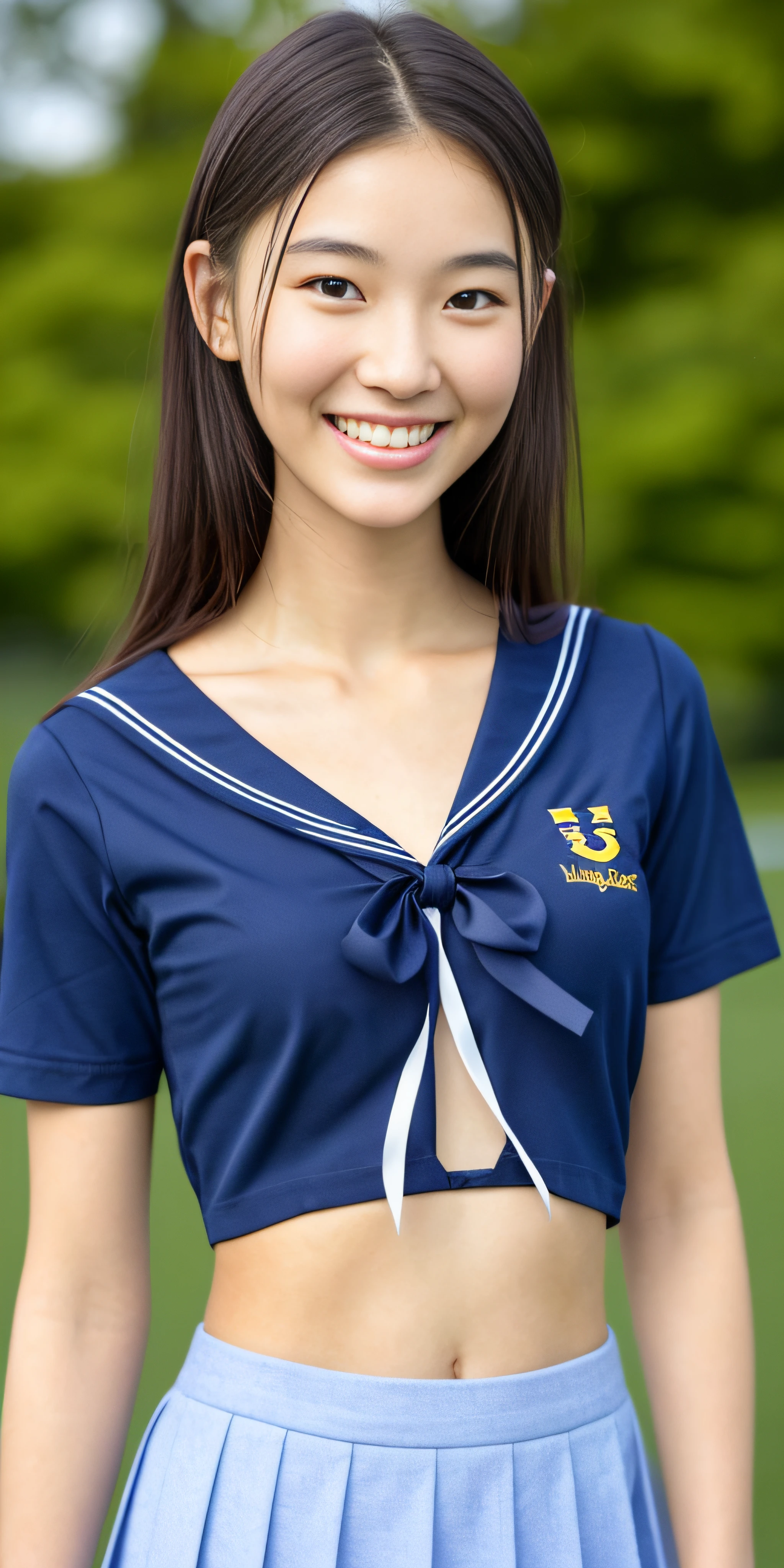 neat college girl, (school uniform, sailor uniform, ribbon tied at chest, summer uniform, upper body white, skirt dark blue, short sleeves), outside the athletic field, (slim), photorealistic, detail, skin texture, ultra detail, delicate and sexy collarbone, smile, super detailed face, detailed lips, detailed eyes, double eyelids, small breasts, small breasts, small, small, flat chest